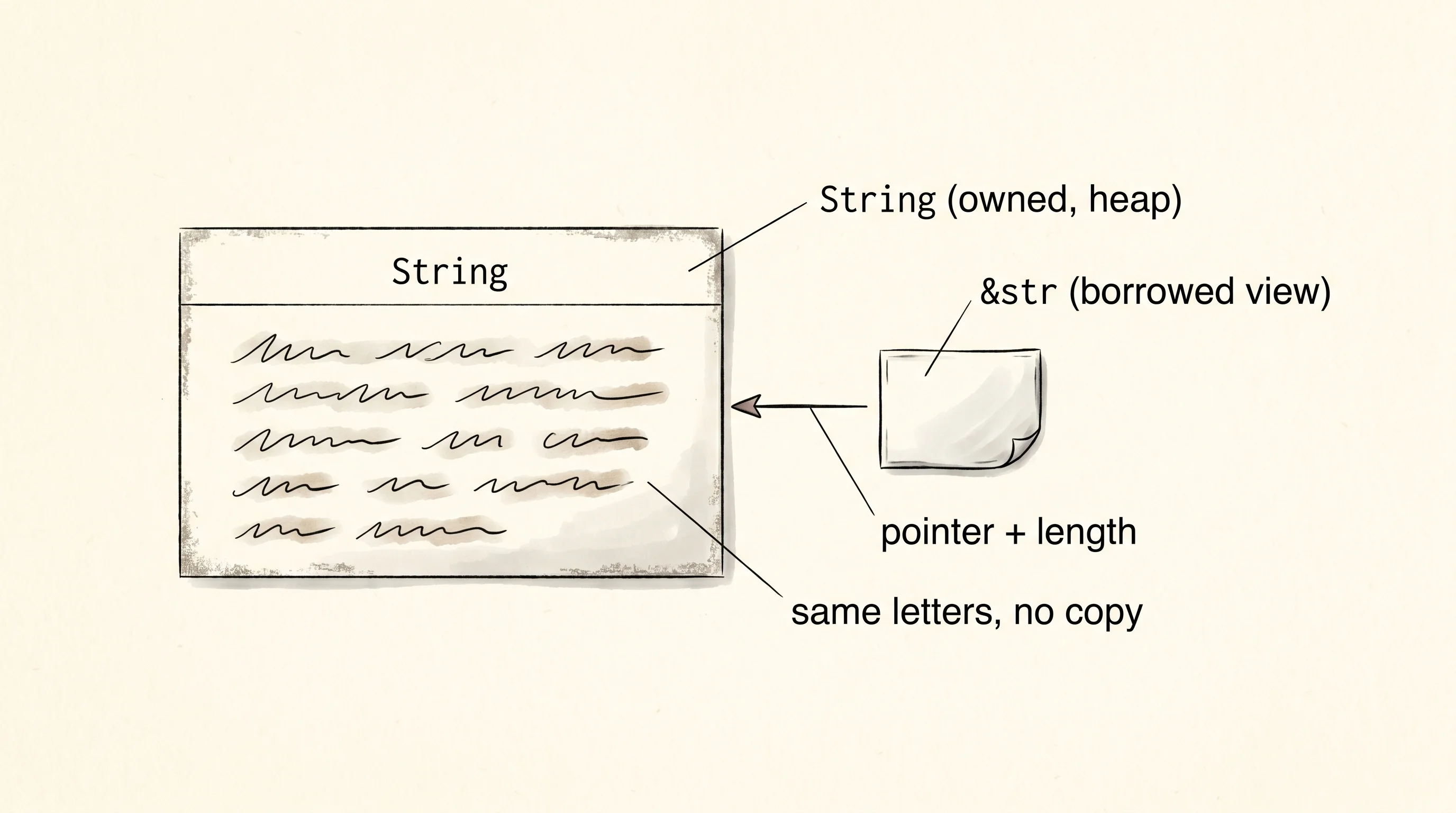 A handwritten recipe notecard (owned String) next to a fridge magnet (&str) pointing at the same recipe.