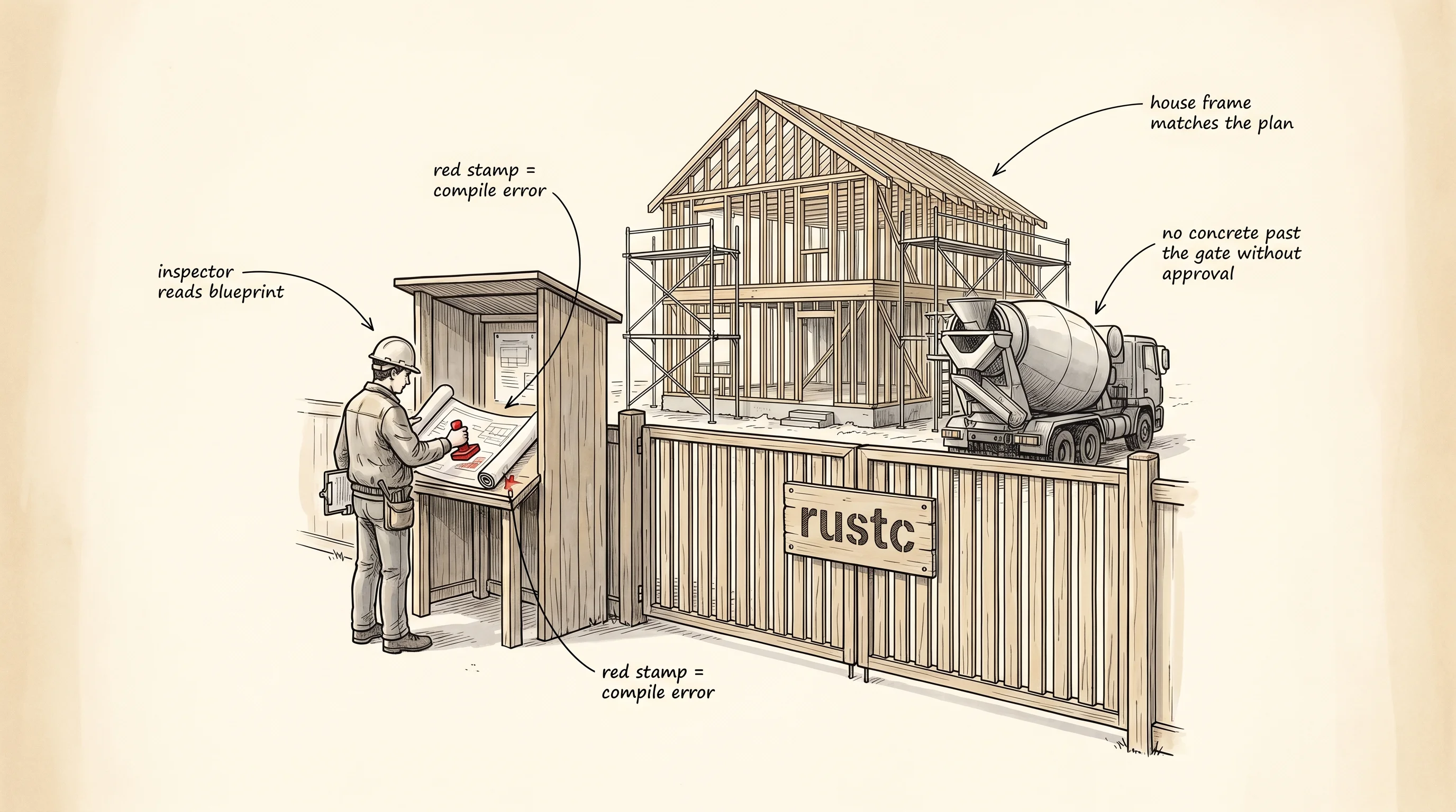 The Rust compiler stands at the construction gate, stamping blueprints before any concrete pours.