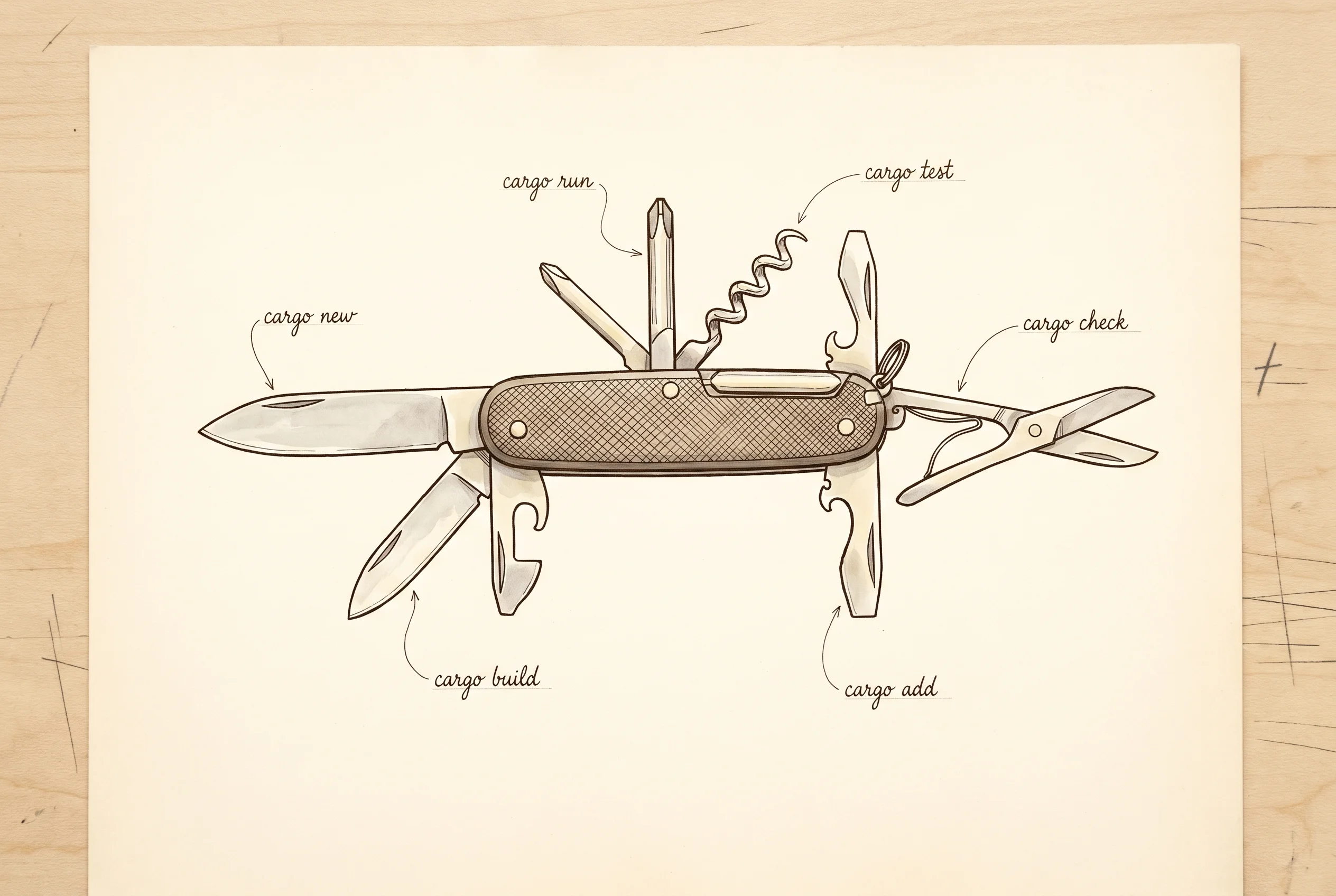 Cargo rendered as a Swiss-army knife with each blade as a subcommand.
