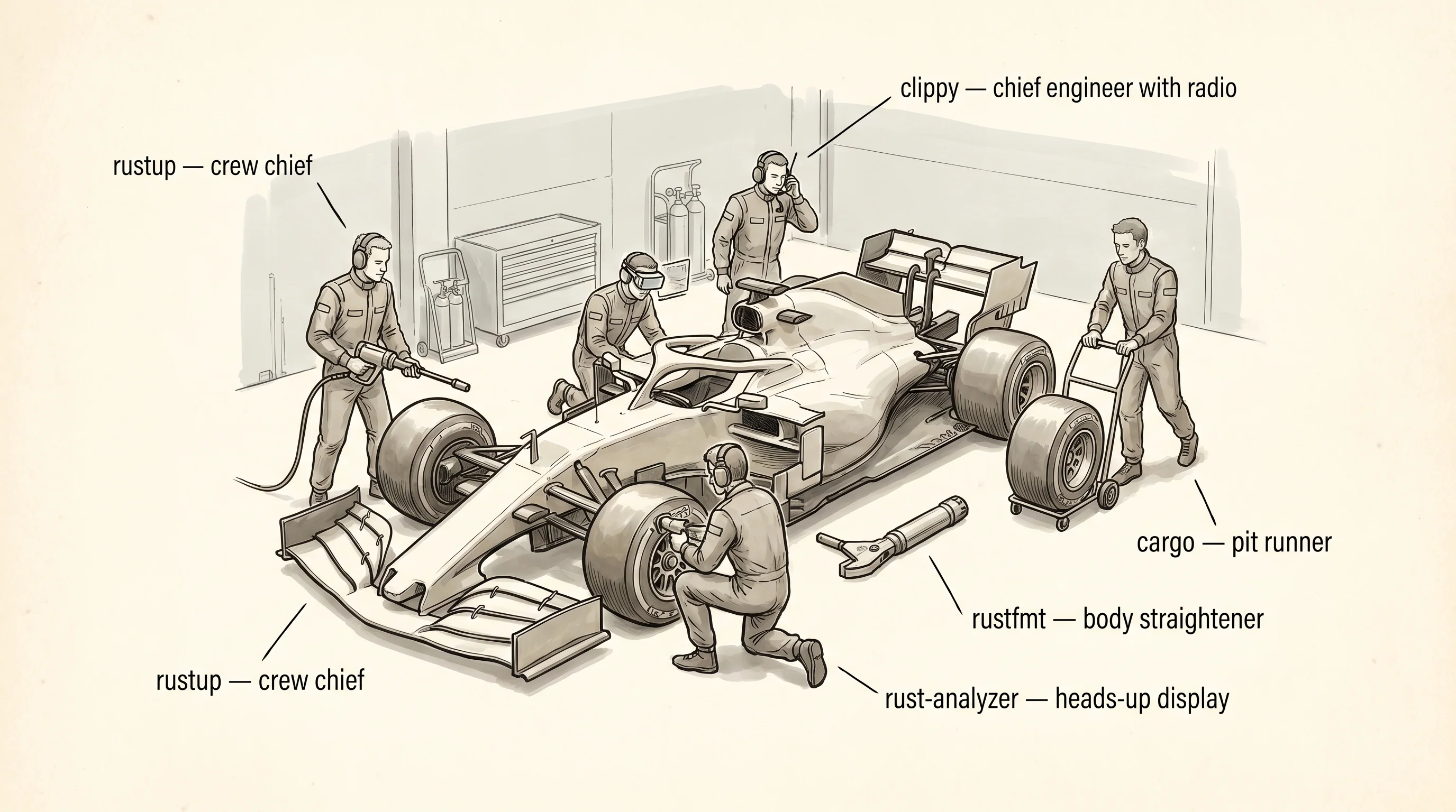 The five Rust tools as a Formula 1 pit crew, each labeled with its one job.