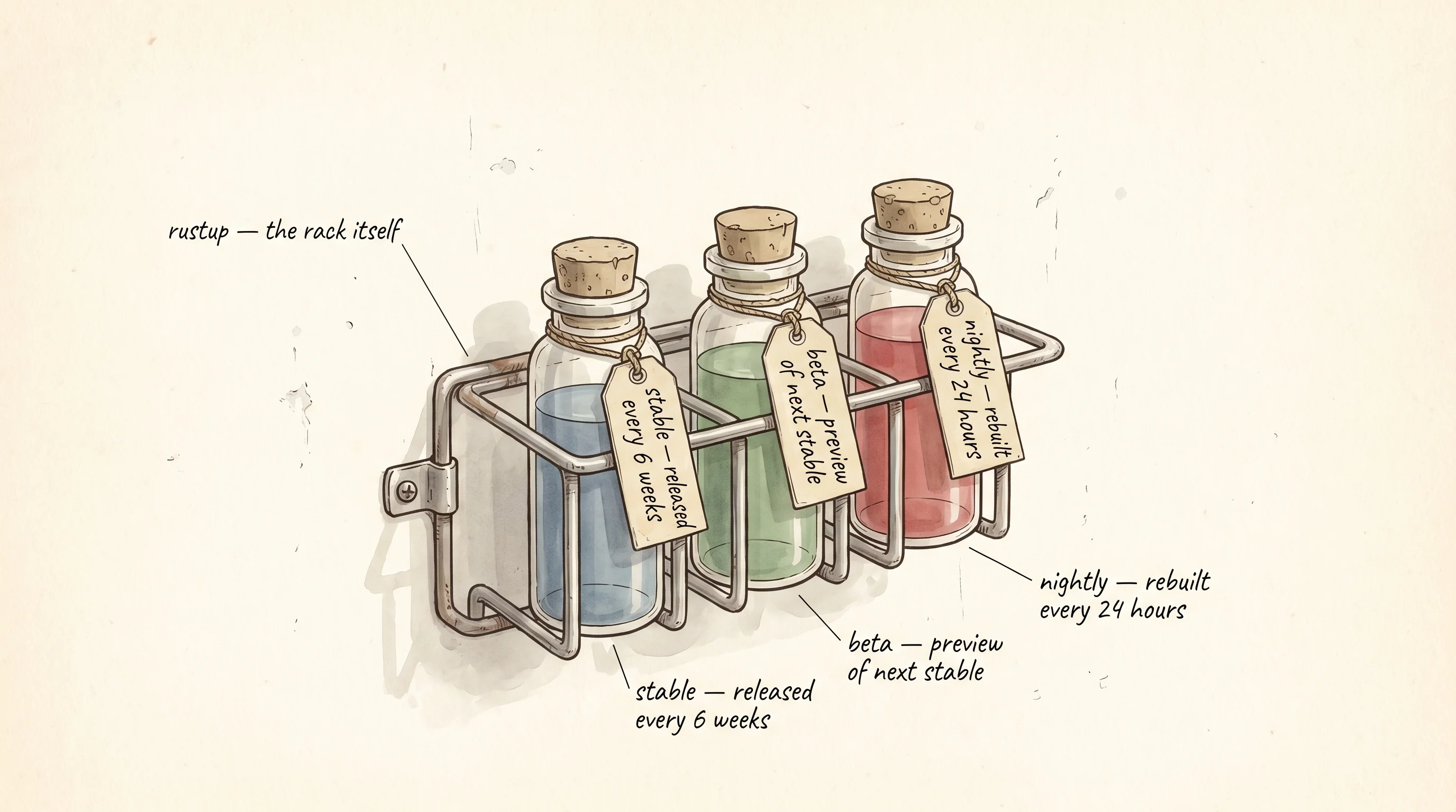 rustup as a tool rack holding three swappable Rust compiler channels.