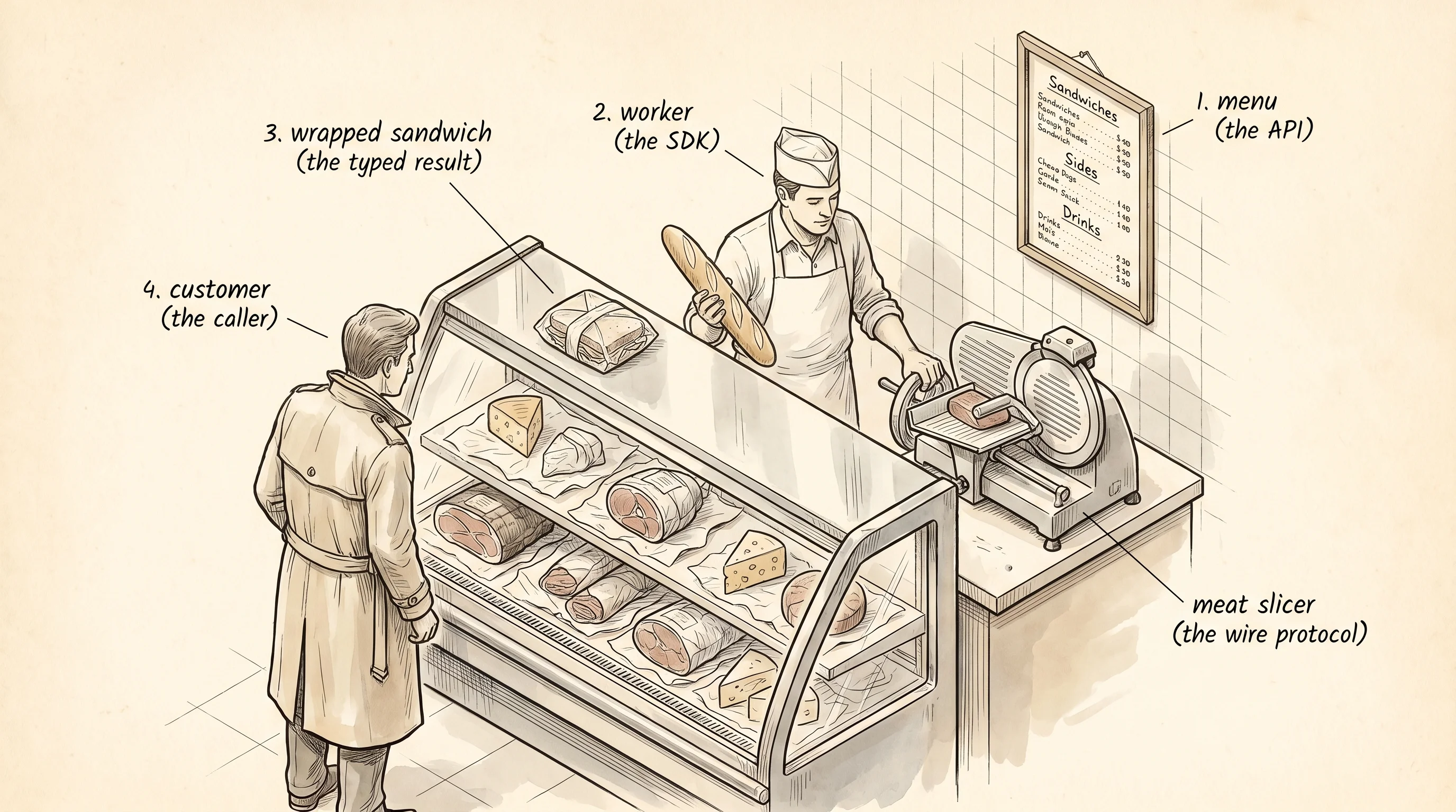 An SDK acts like the worker behind a deli counter — you name the sandwich, they reach into every drawer for you.