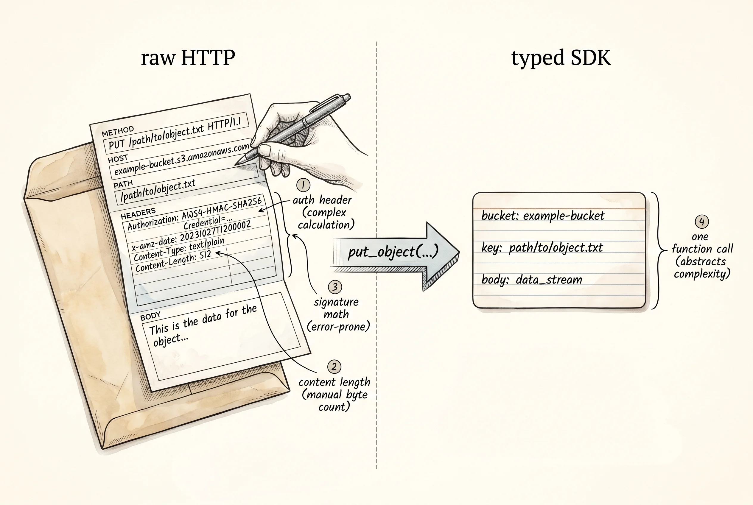 Without an SDK the caller hand-builds every HTTP field; with one, they pass three arguments.