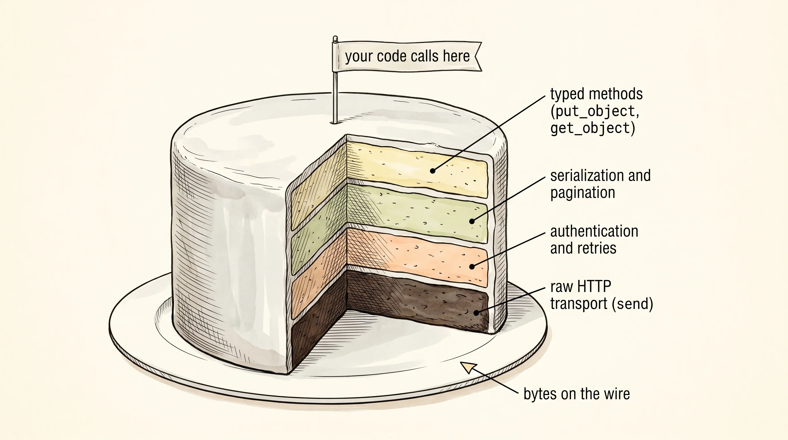 An SDK stacks typed methods on top of a raw transport, with auth, retries, and serialization in between.