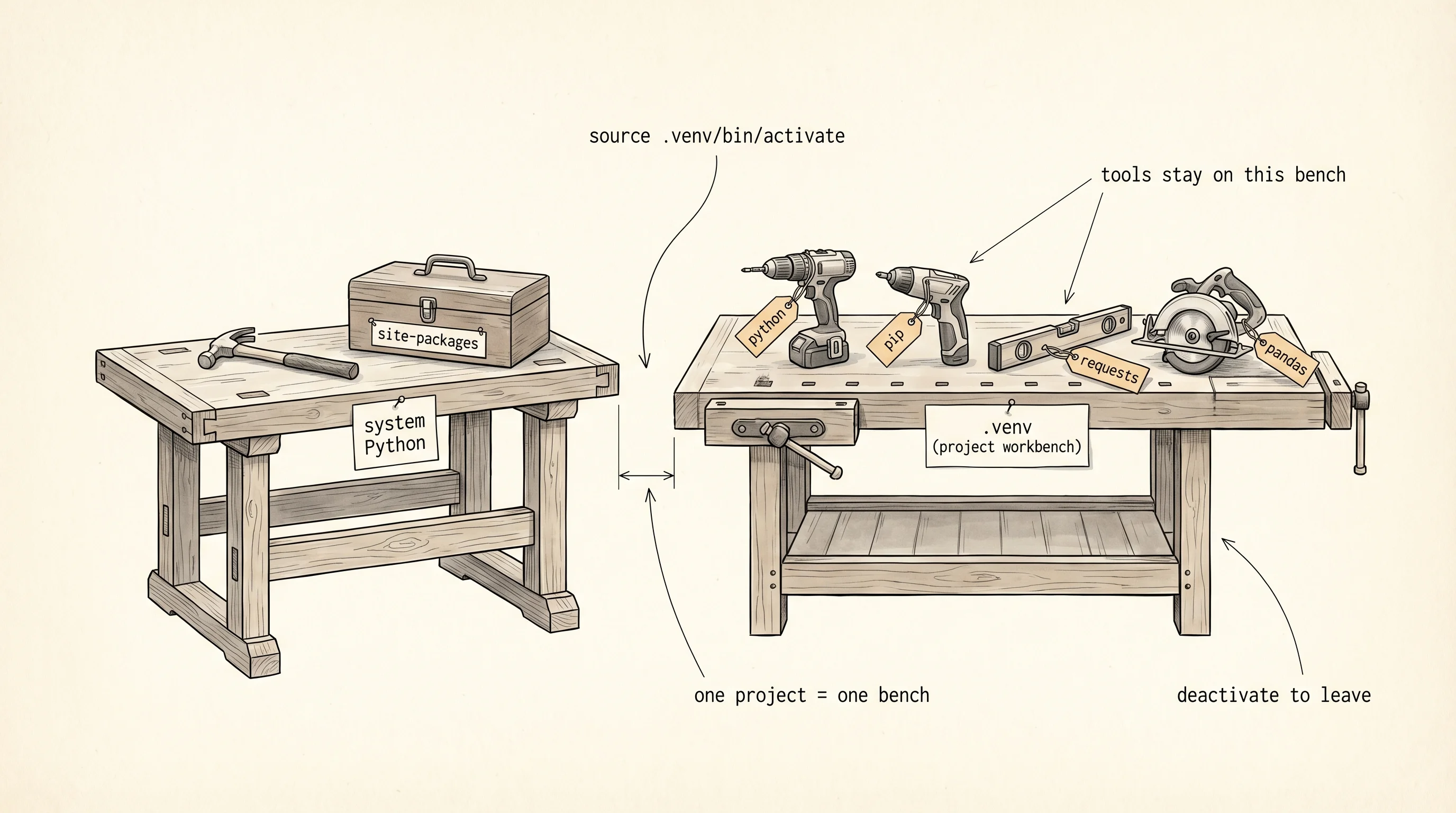 One project, one workbench: the venv isolates Python and its tools from the system.