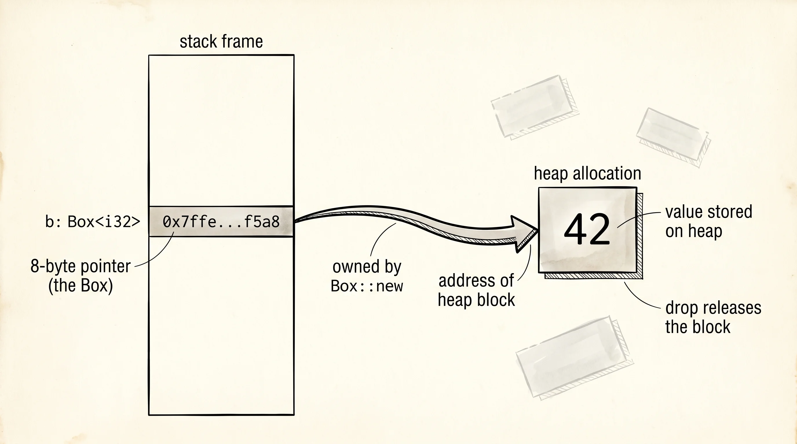 Box<i32> is an 8-byte pointer on the stack that owns a single integer sitting in a heap allocation.