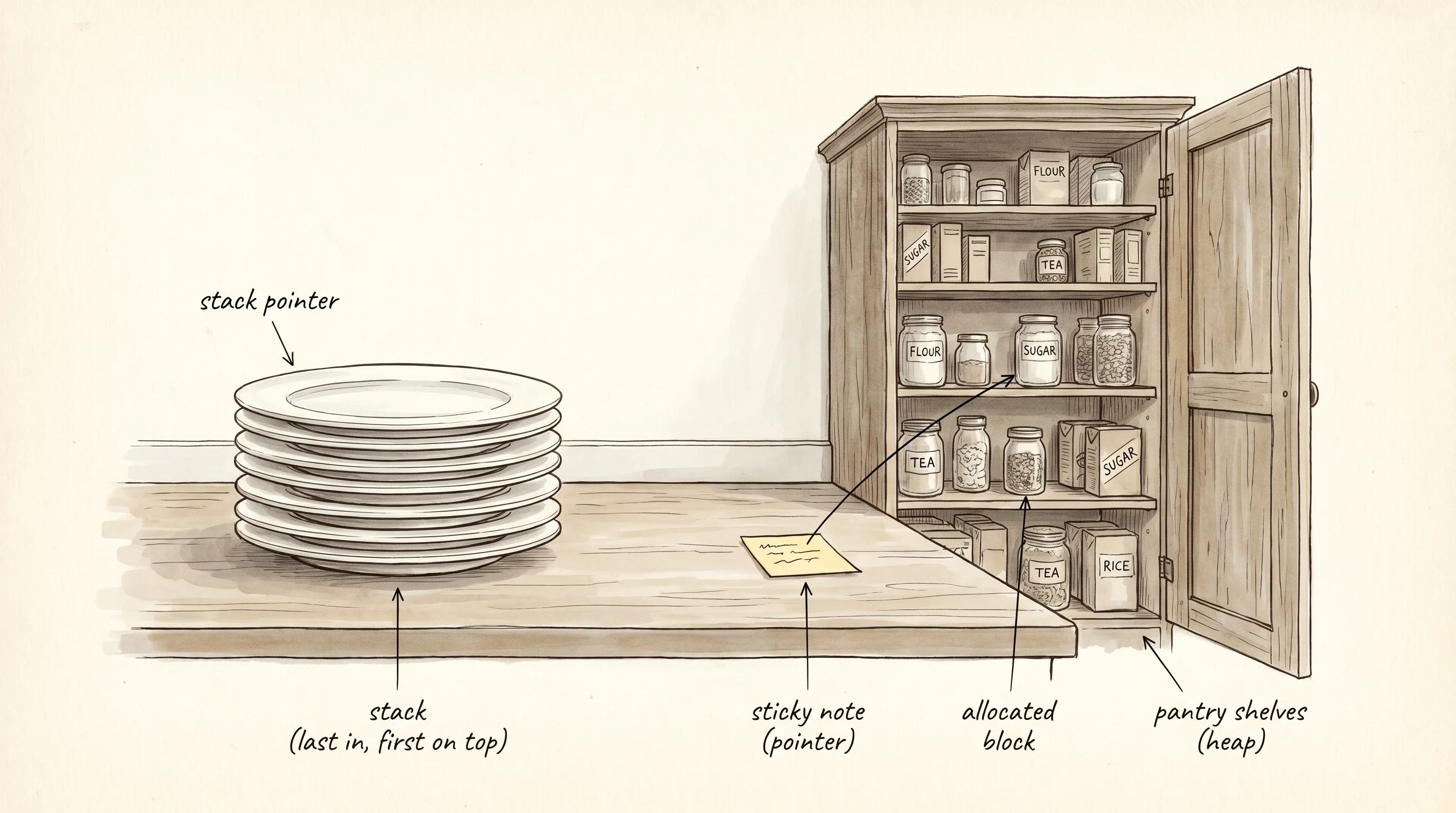 A kitchen counter with a tidy stack of plates next to a pantry of scattered shelves — the two places every Rust value lives.