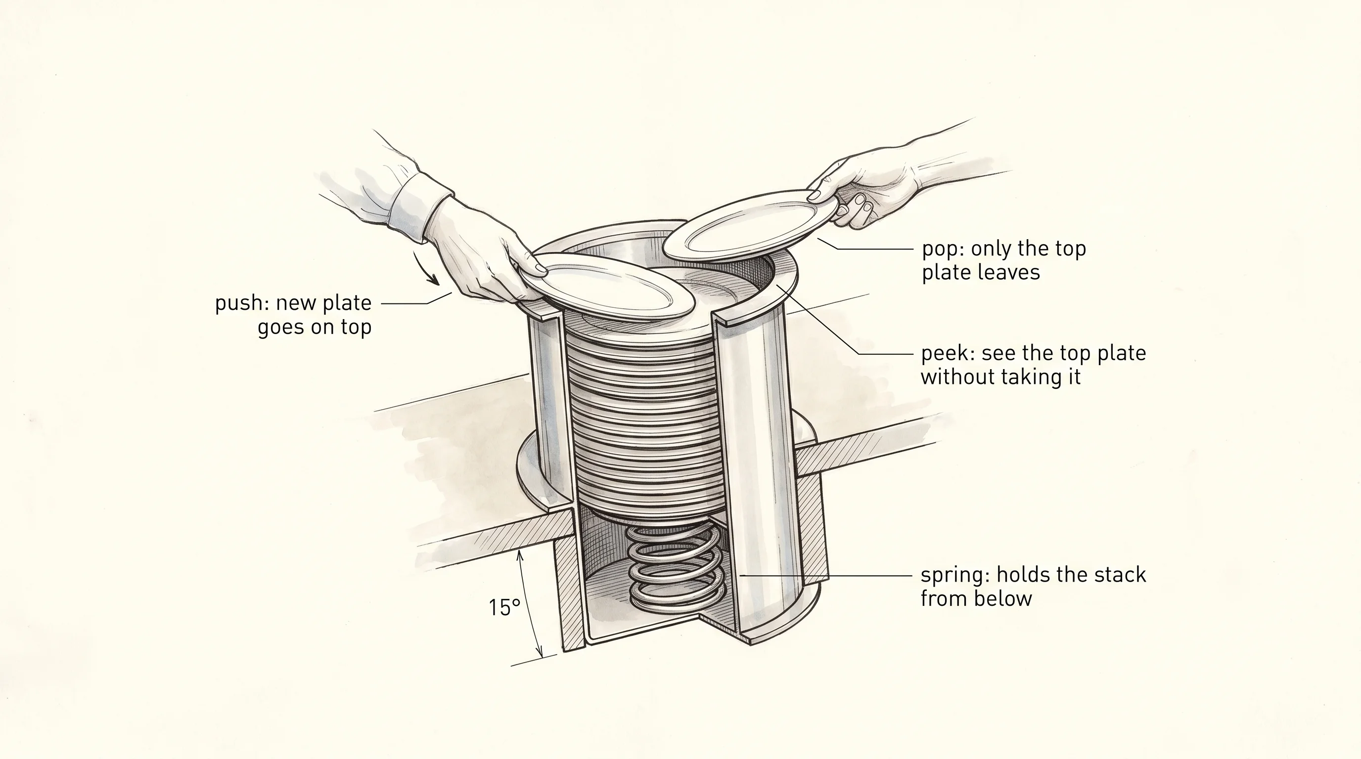 A cafeteria plate dispenser: every push lowers the spring, and only the top plate can be taken — last in, first out.