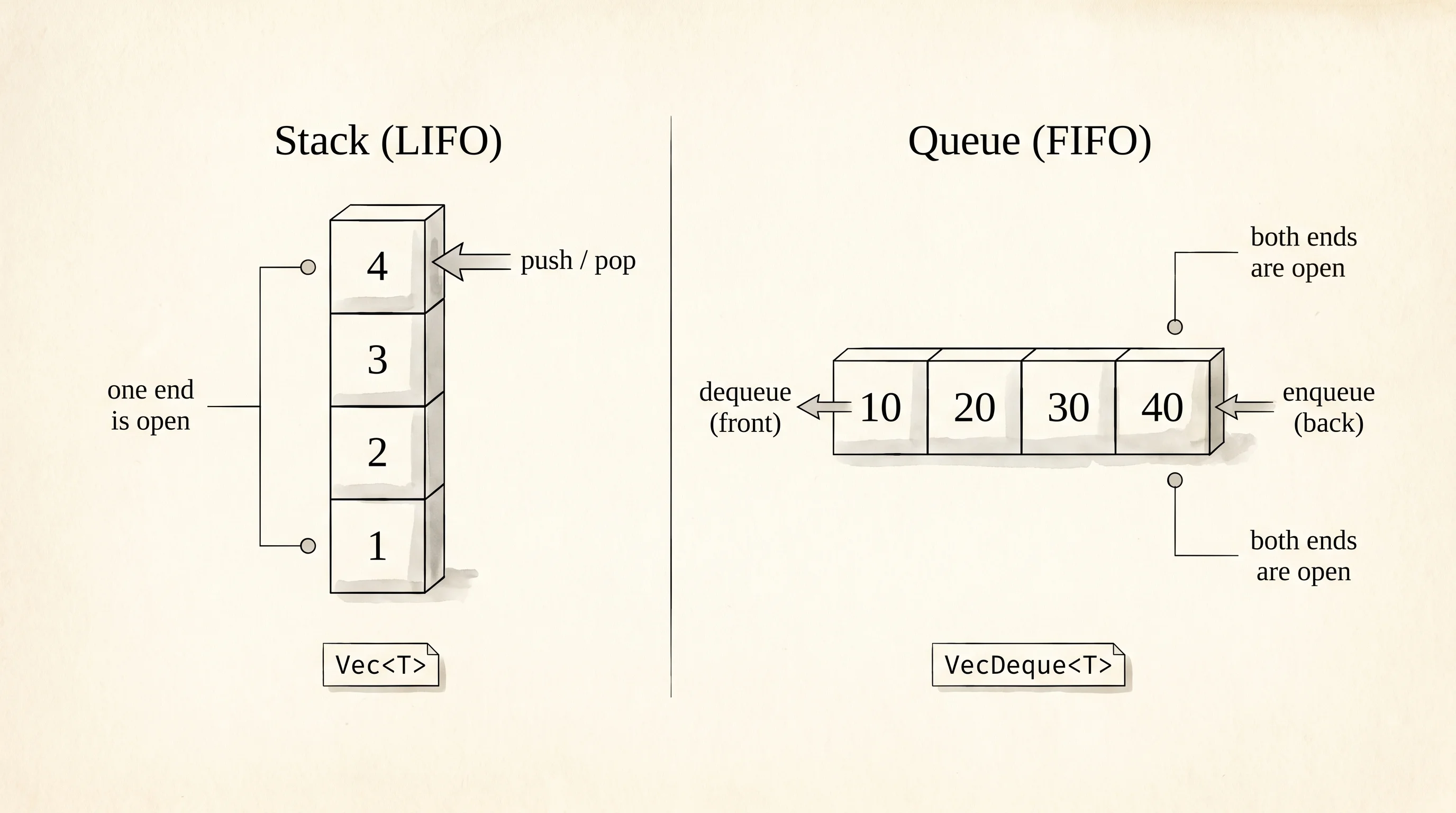 A stack touches one end. A queue touches both ends. Same idea of order, opposite rule of access.