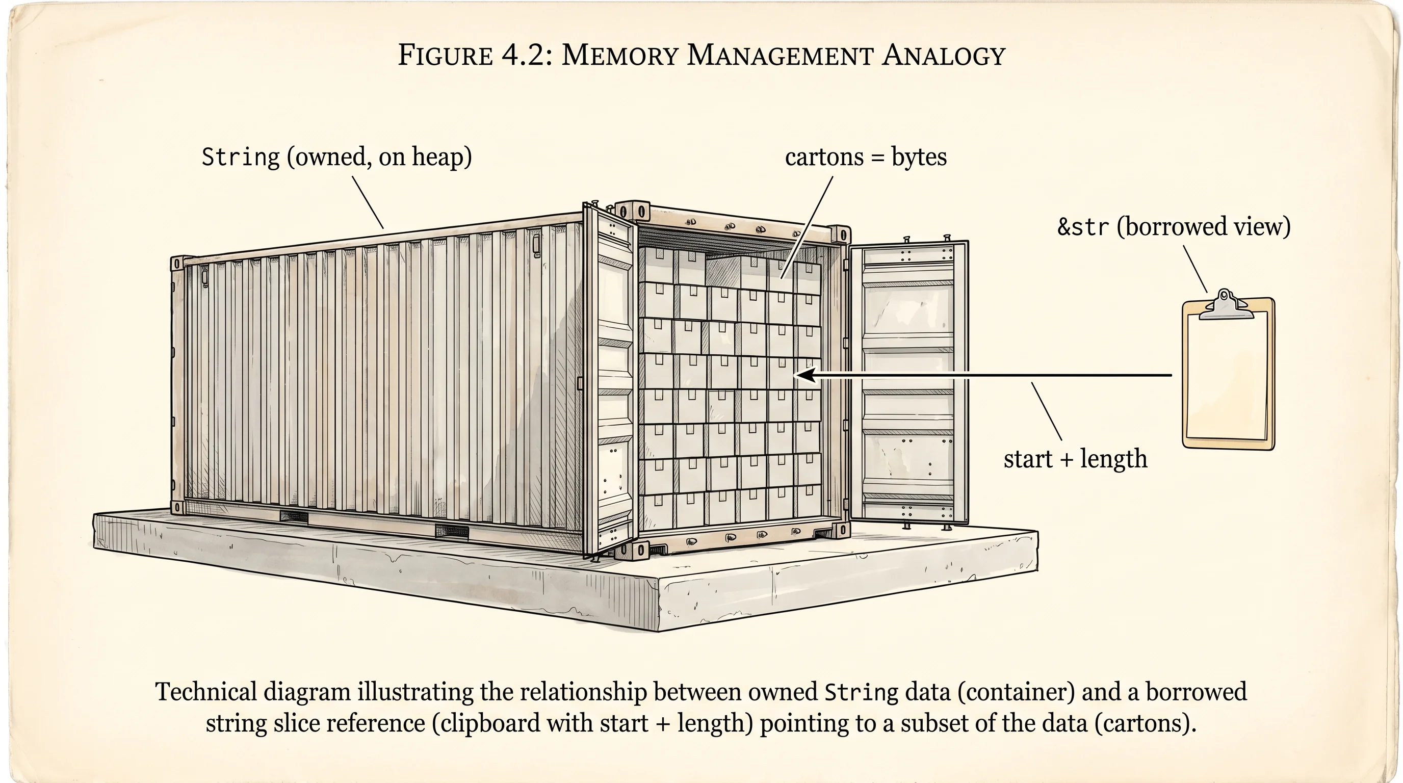 An owned shipping container next to a borrowed clipboard pointing at a window of its cartons.