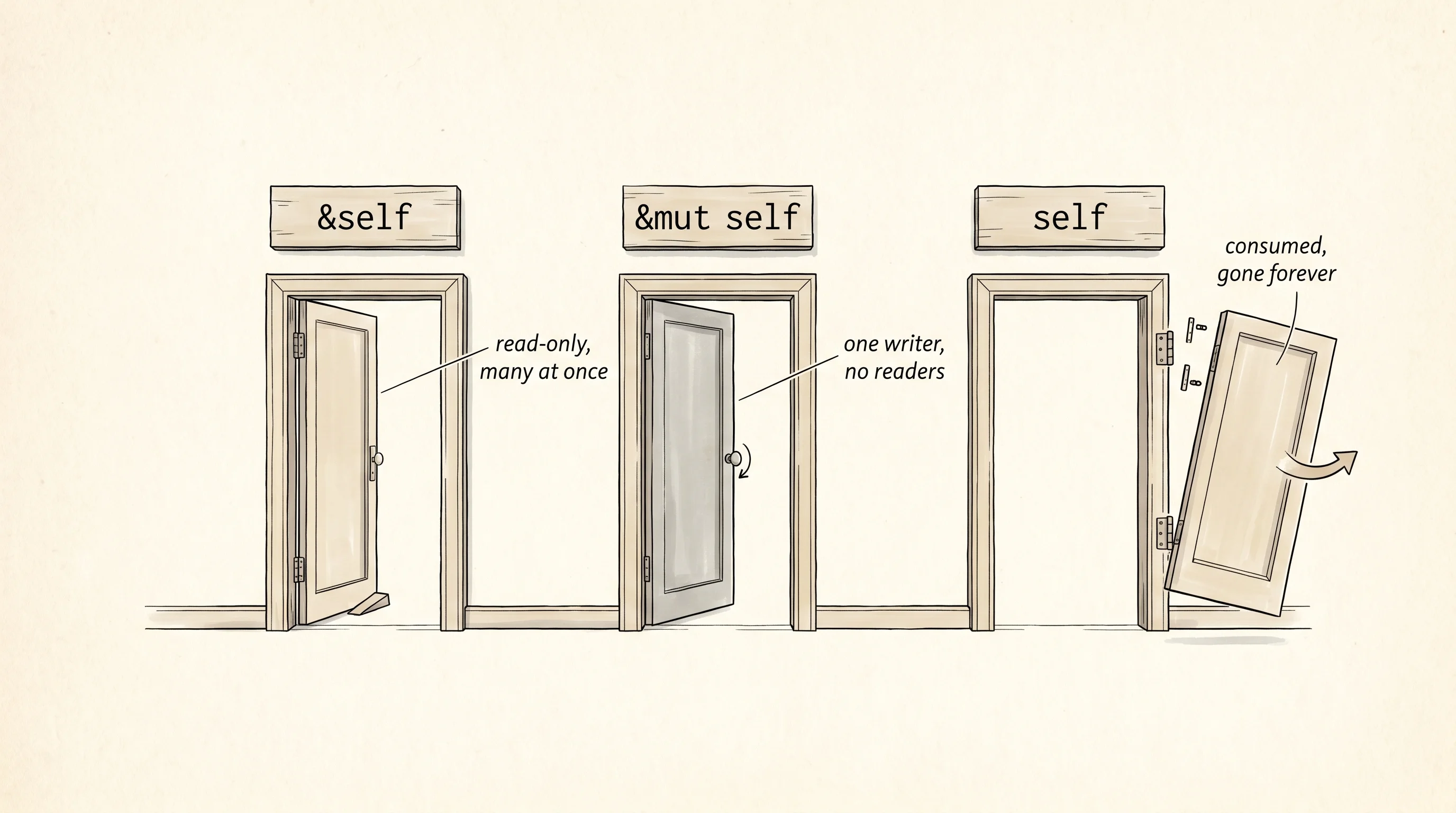 Three doors representing &self, &mut self, and self method receivers.