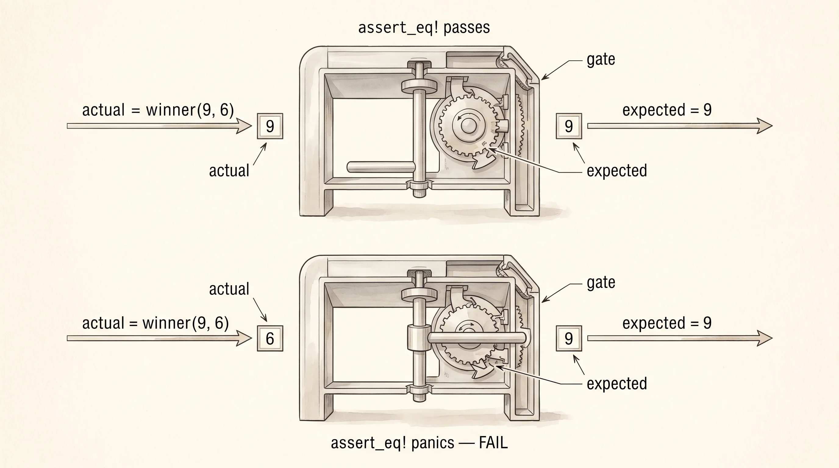 An assertion as a turnstile — the value either matches and passes, or differs and gets stopped at the gate.