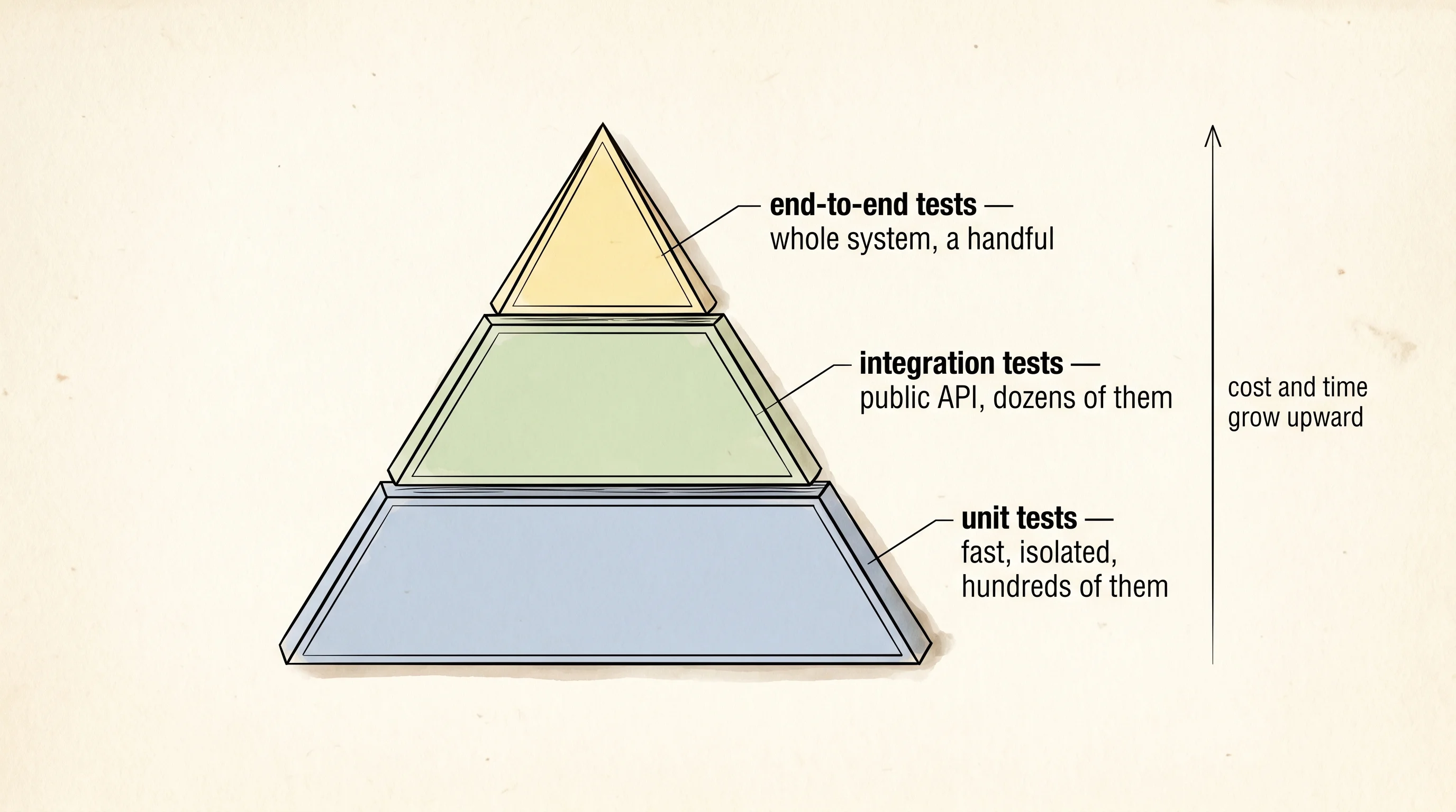 The test pyramid — many small unit tests at the base, fewer integration tests above, a handful of end-to-end tests at the peak.