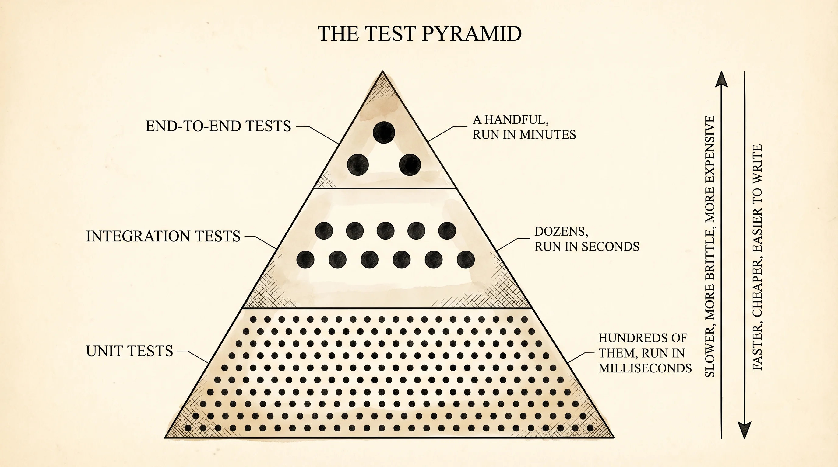 The test pyramid: many fast unit tests on the bottom, a few slow end-to-end tests on top.