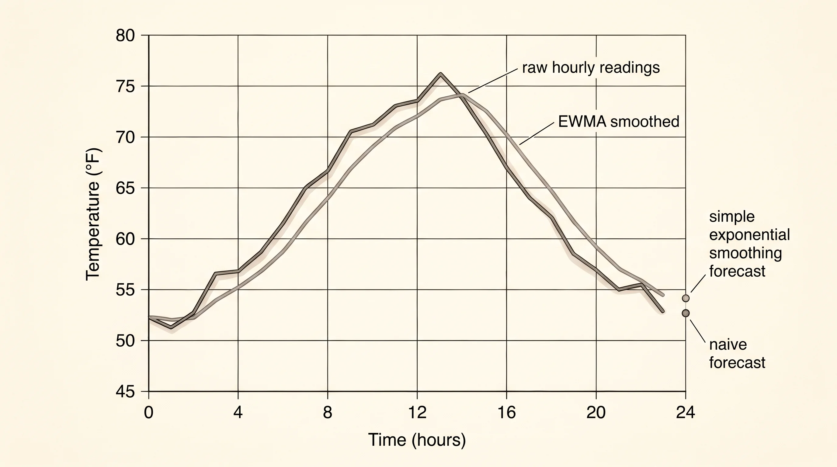 Hourly temperatures with two 1-step forecasts marked at hour 24.