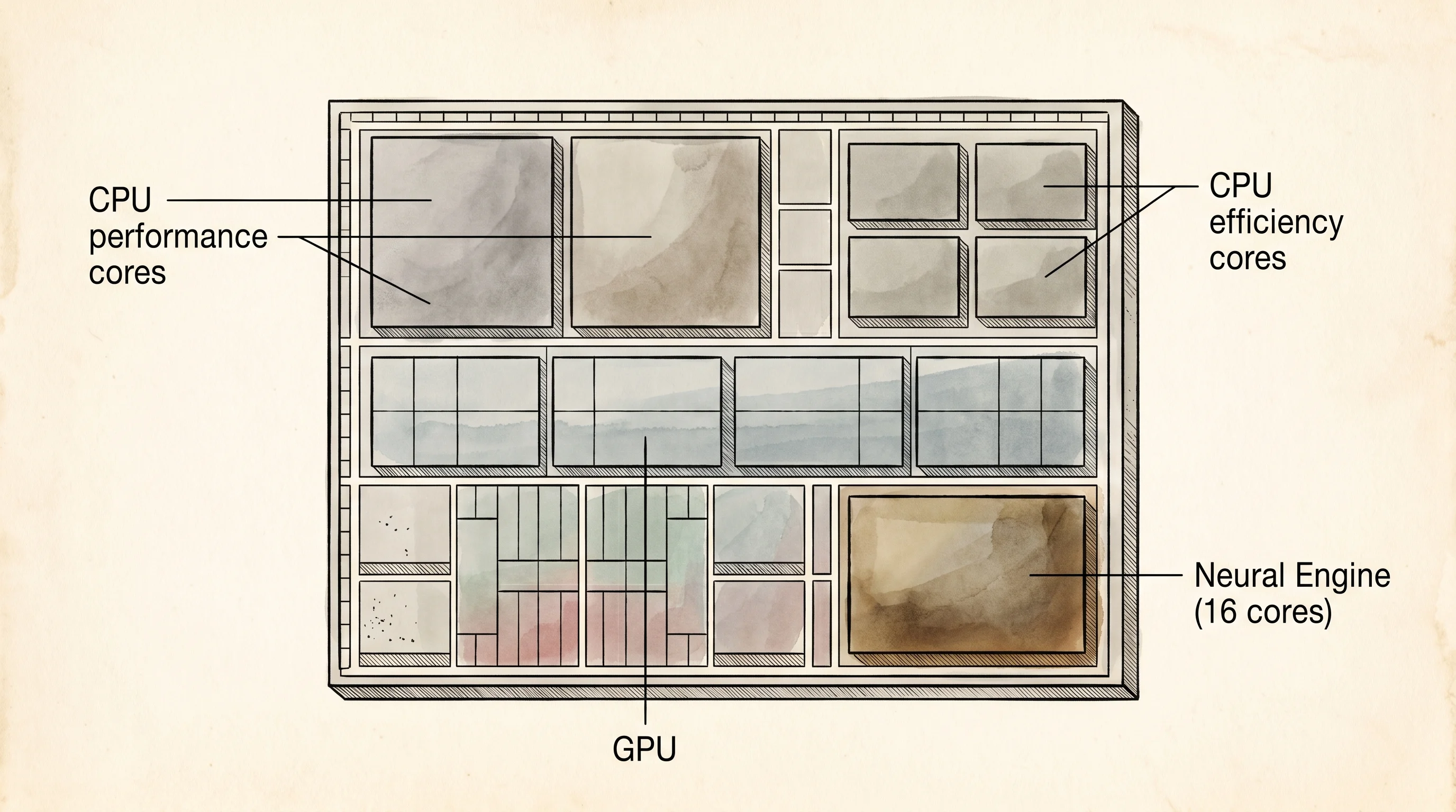 The Neural Engine block on an Apple A-series die, called out in a die-shot overlay.