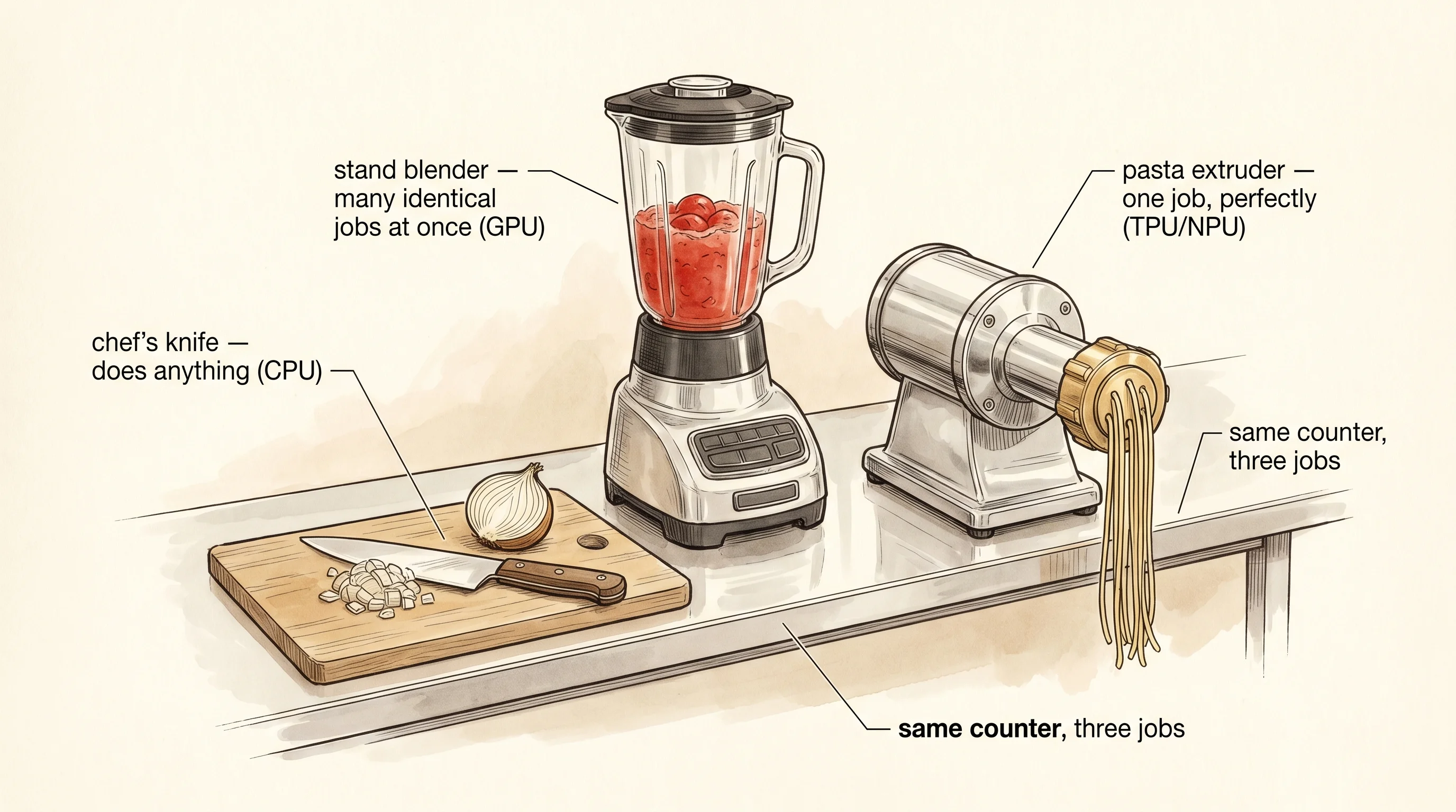 Chef's knife, stand blender, pasta extruder: general, parallel, and specialized.