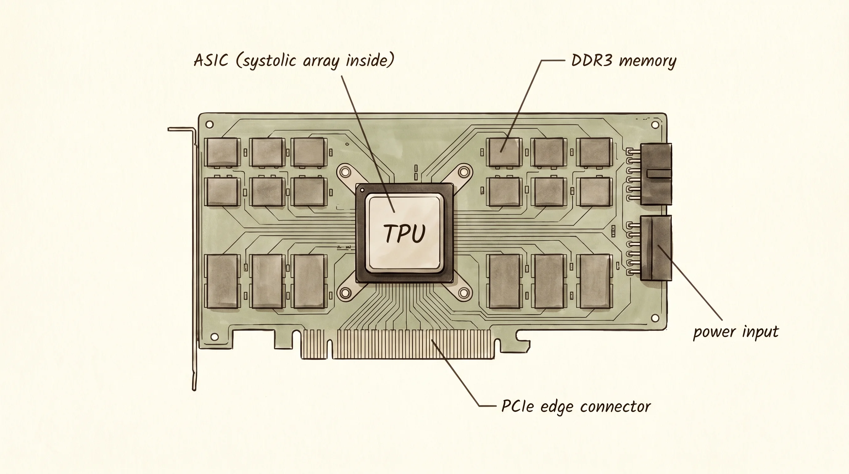 The first-generation Google TPU, a board that does matrix math and nothing else.