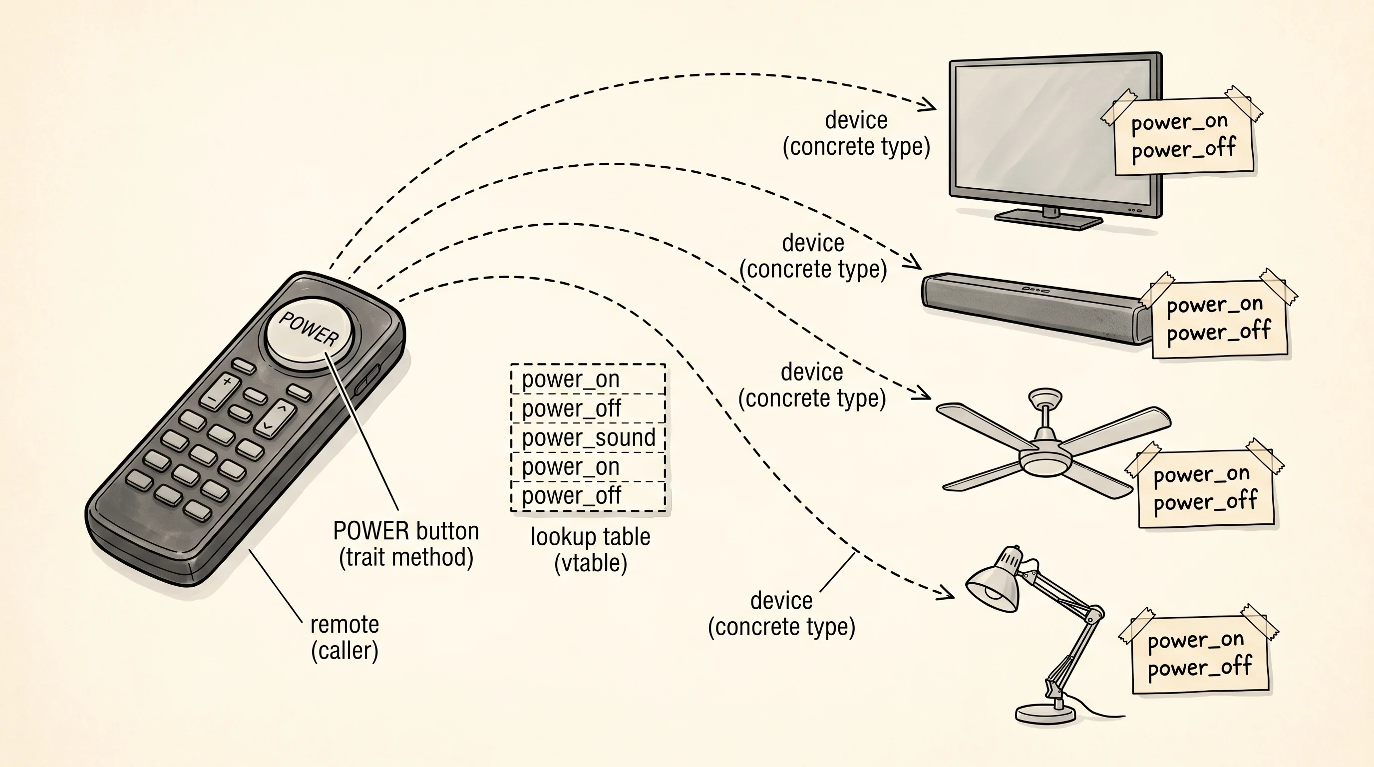 A universal remote control wired to four household devices, each with a small lookup table glued to its case.