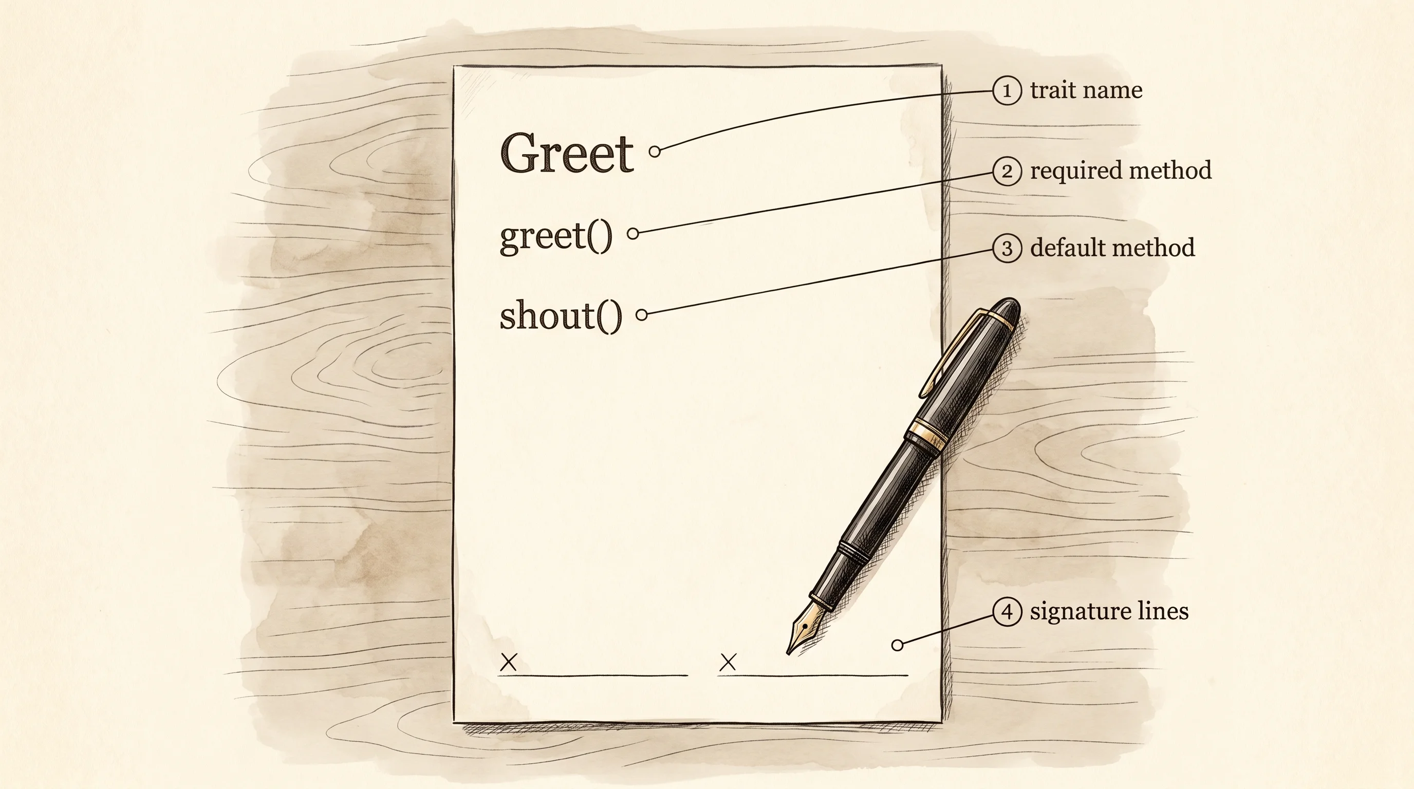 A trait is a printed contract on a desk that any type can walk up and sign.