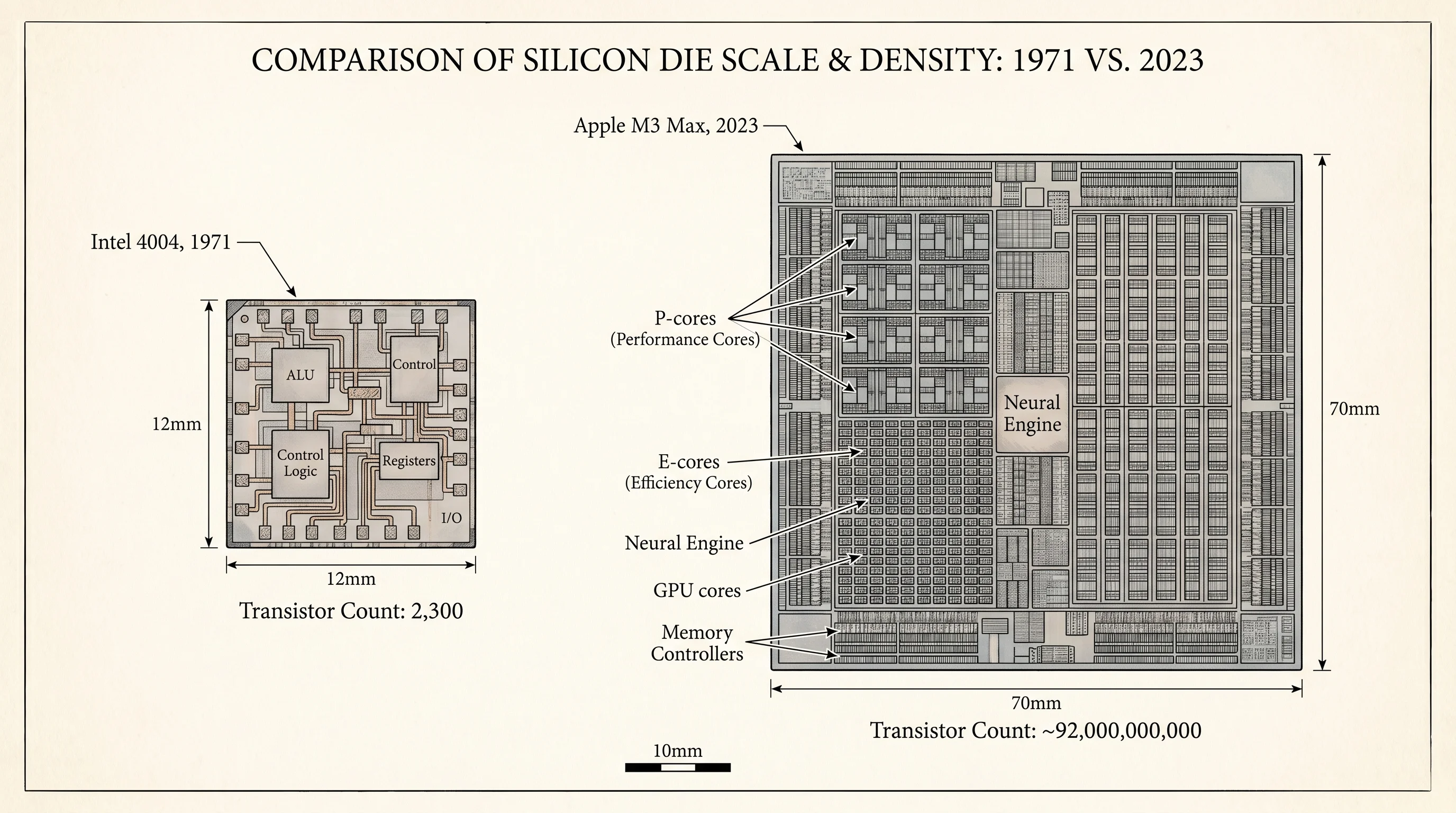 Same fingernail, more buildings — the 4004 next to a modern Apple M-series die.
