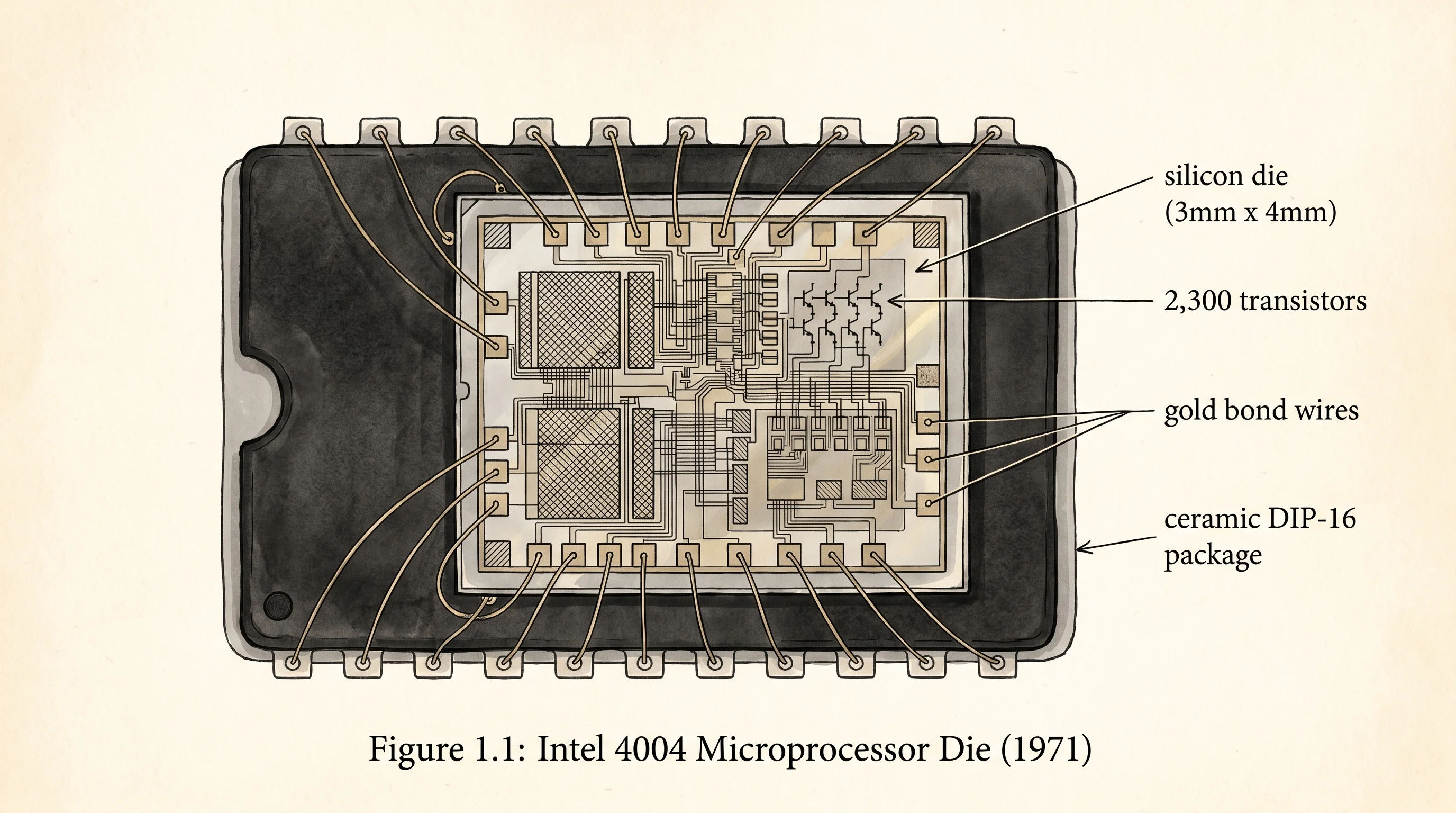 The Intel 4004 die, 1971 — 2,300 transistors on a single quarter-inch square of silicon.