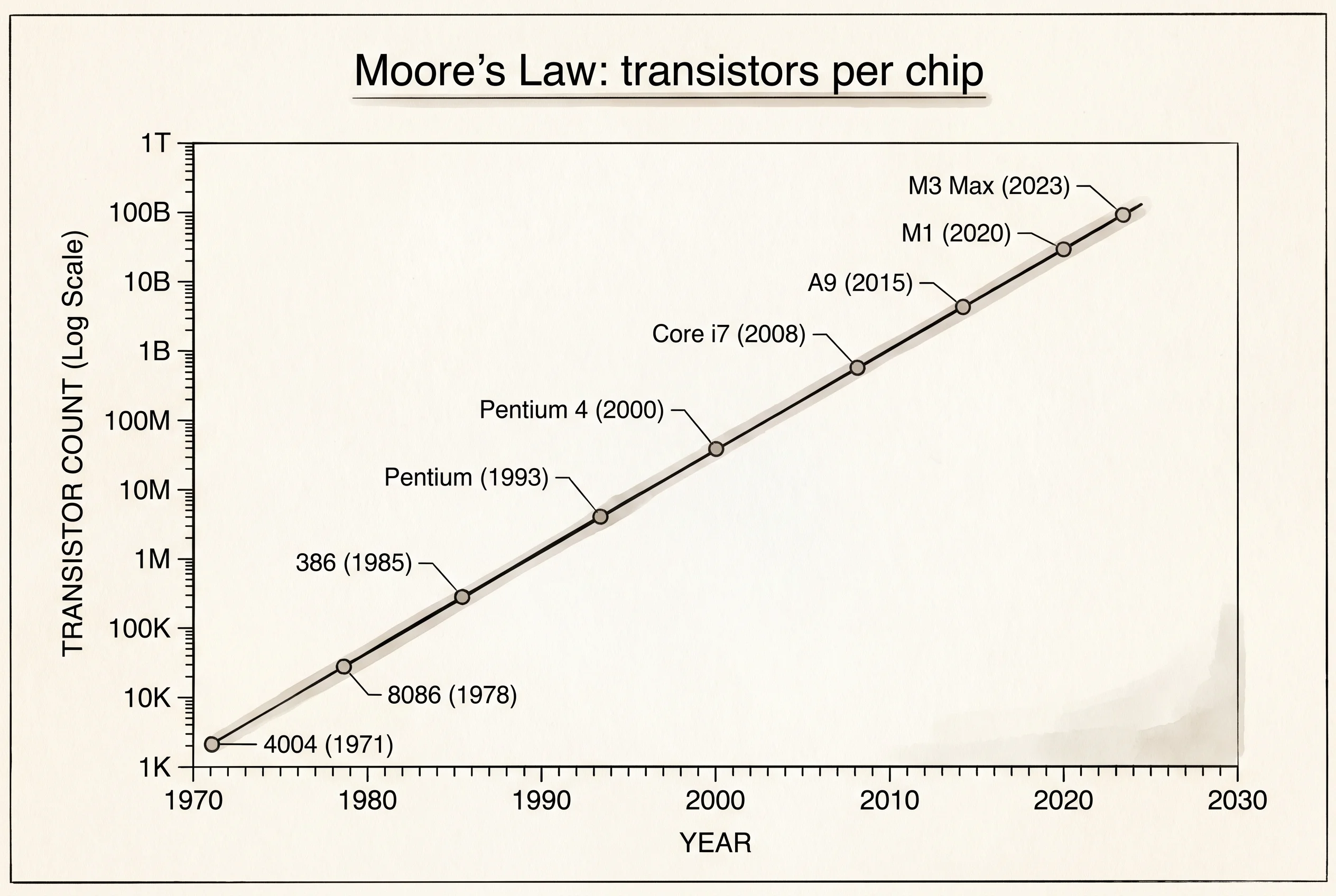 Transistor count per chip, 1971 to 2026, plotted on a log scale.