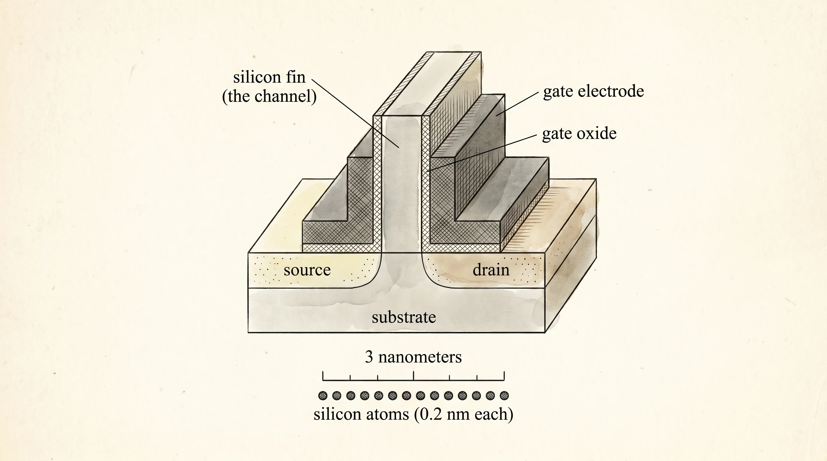 A 3nm transistor sits 15 silicon atoms wide — the floor is in sight.