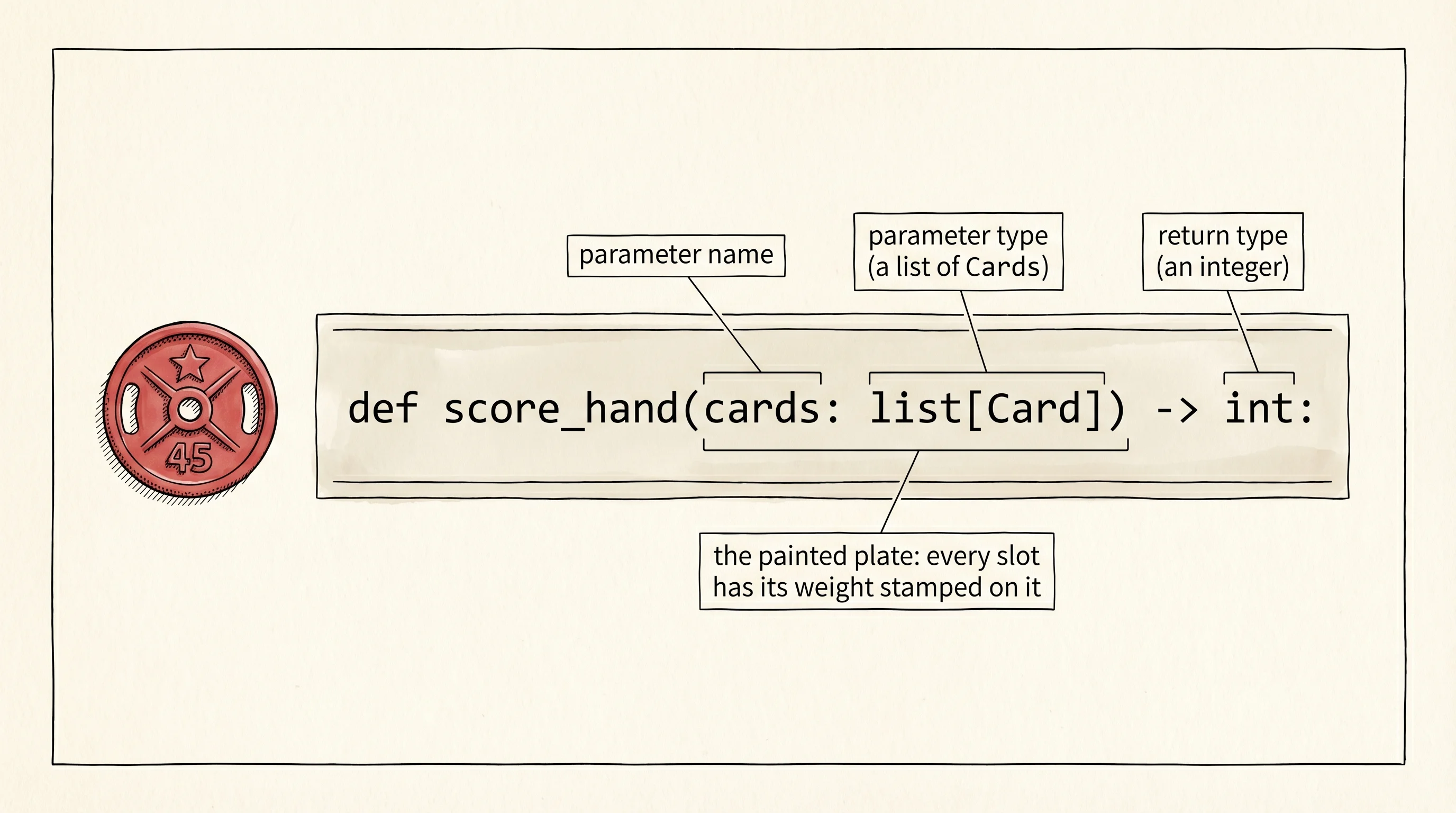 A function signature painted like a gym plate, every part labeled.