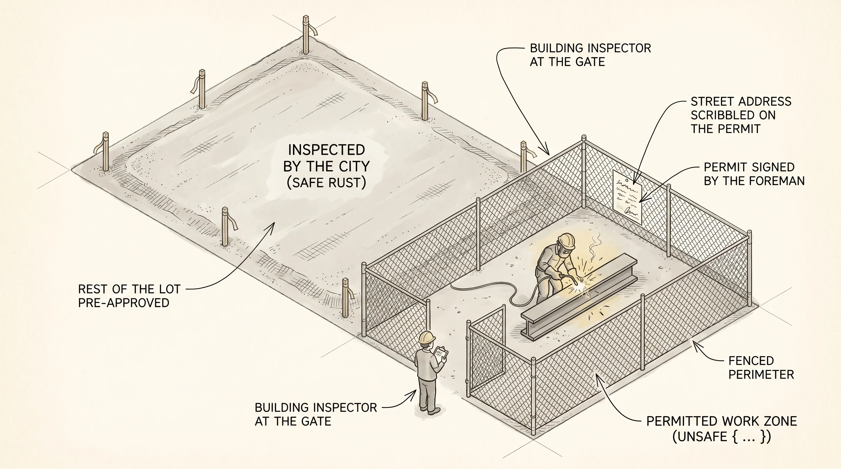 A construction lot fenced into a small permitted zone and a large inspected zone.