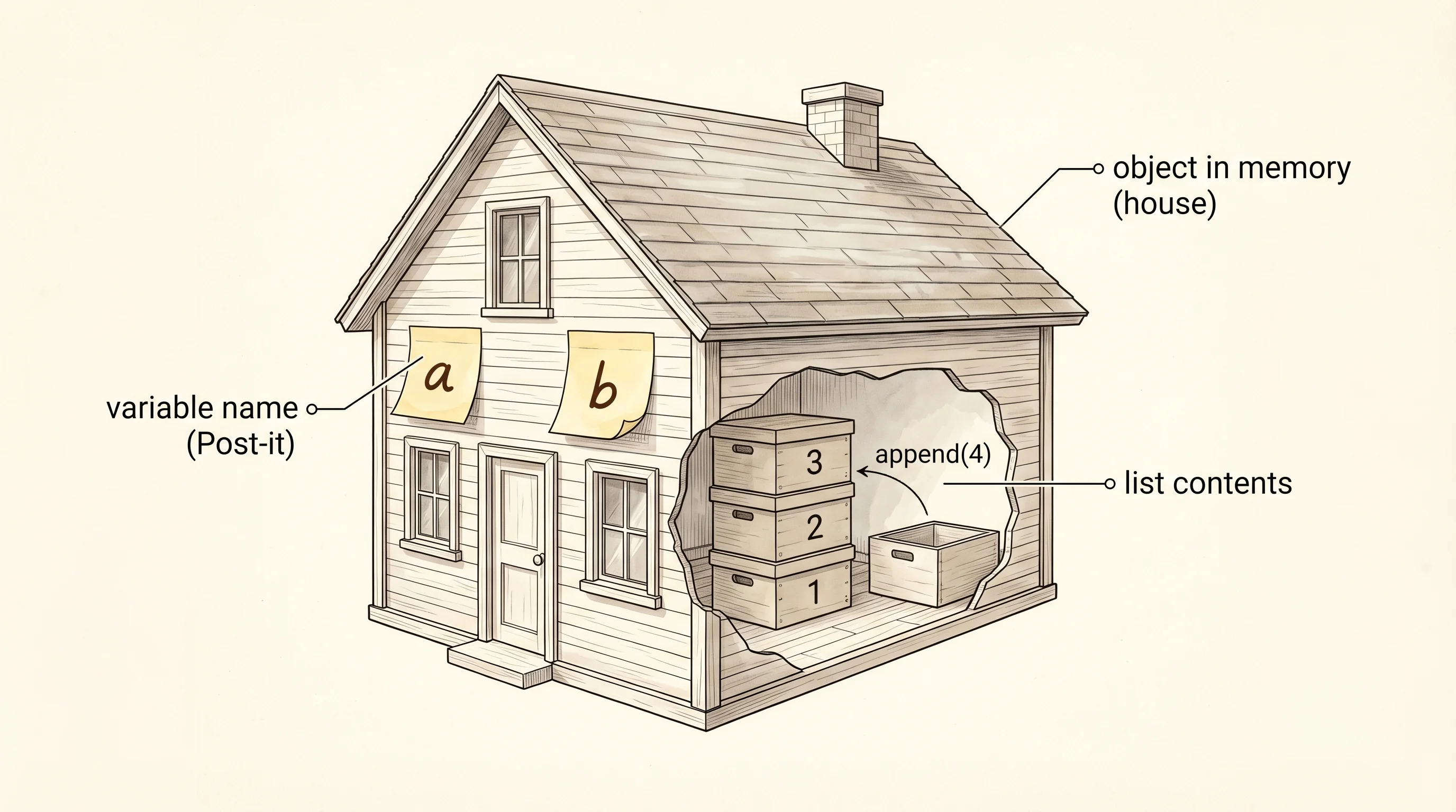 Two Post-it notes stuck to one house — two variable names pointing at the same list.