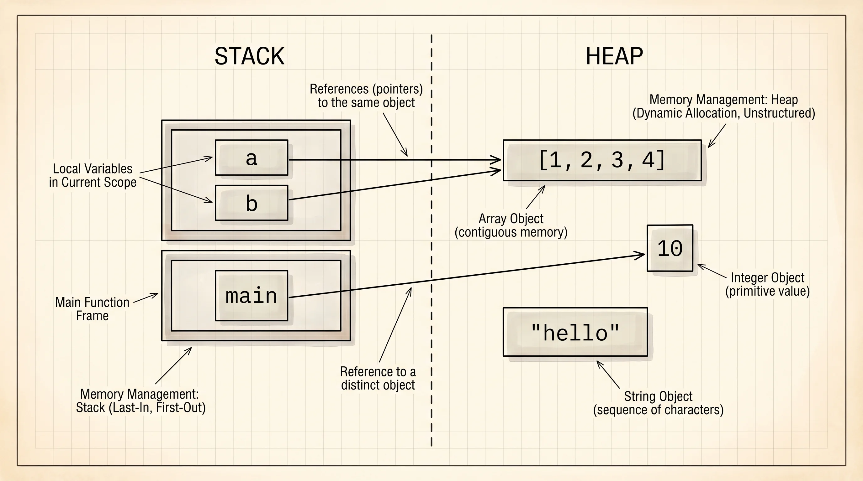 The stack holds the names. The heap holds the houses.