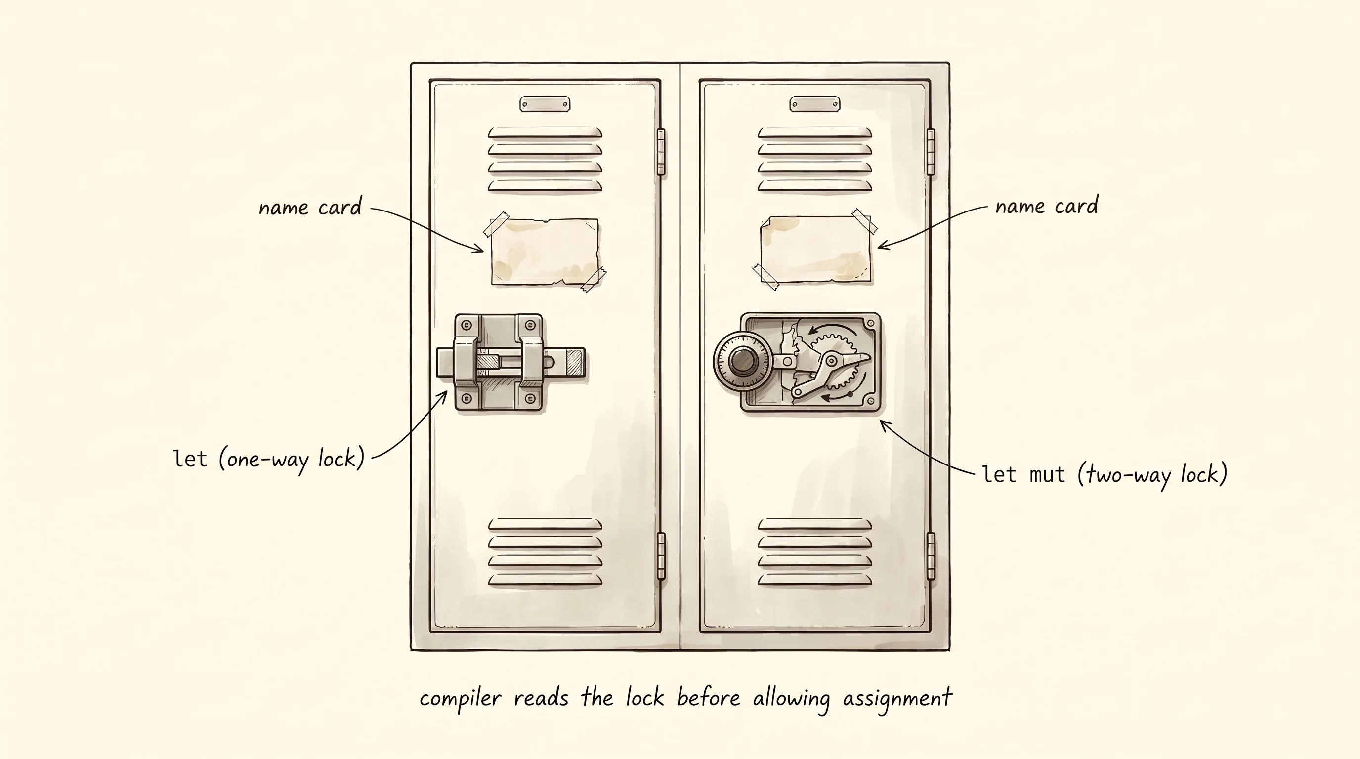 Two adjacent lockers: one with a one-way bolt, one with a two-way swivel lock.