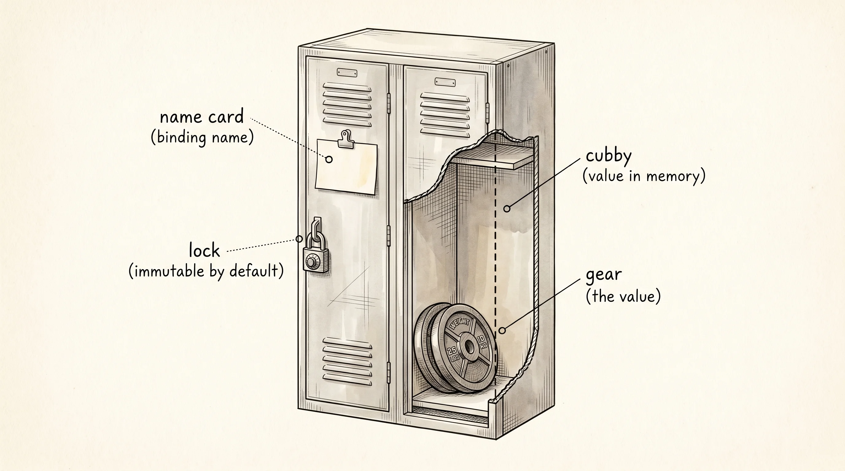 A let binding is a gym locker with a paper name card clipped to its door.