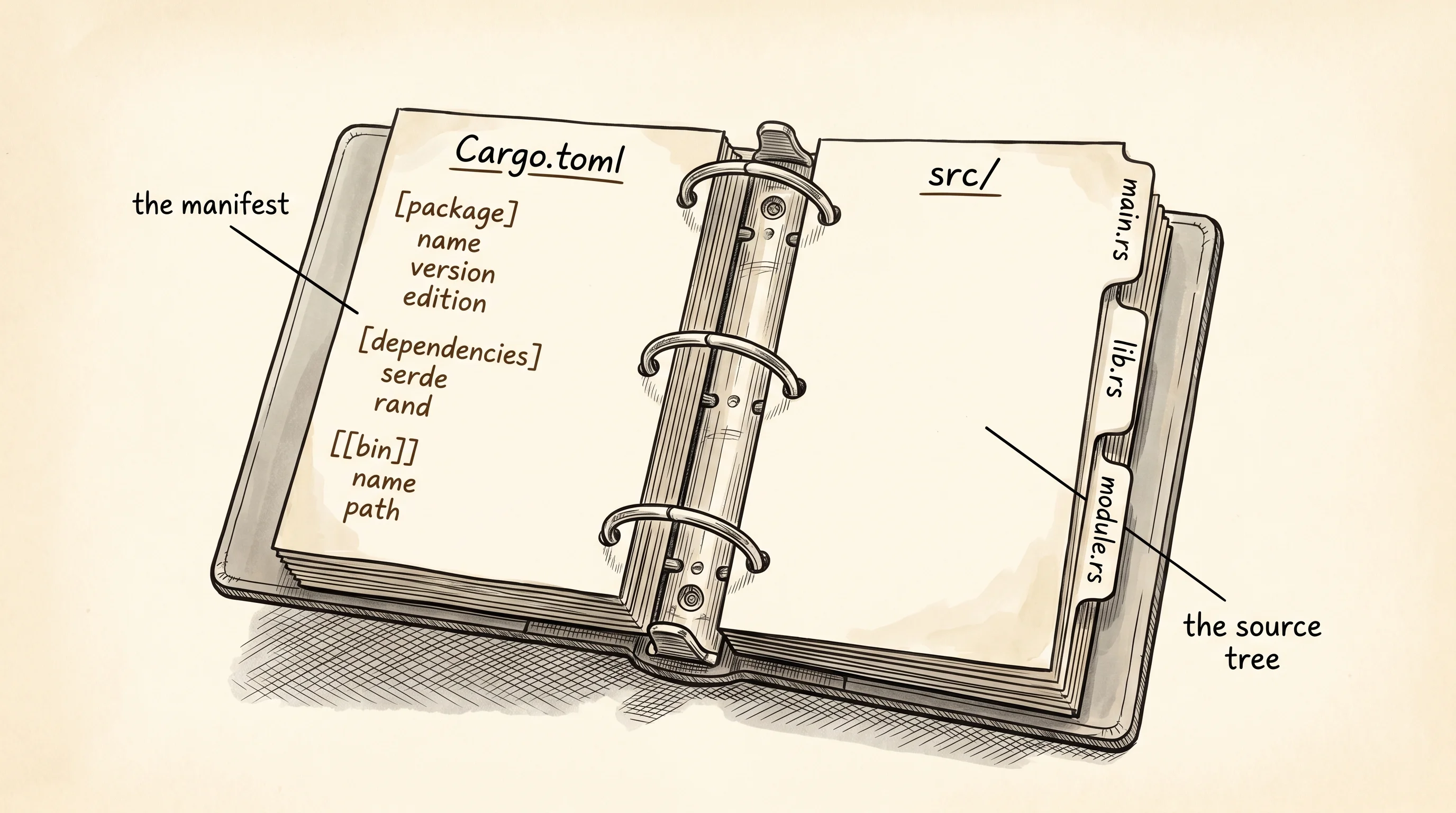 A crate is a binder: src/ holds the code, Cargo.toml is the table of contents.