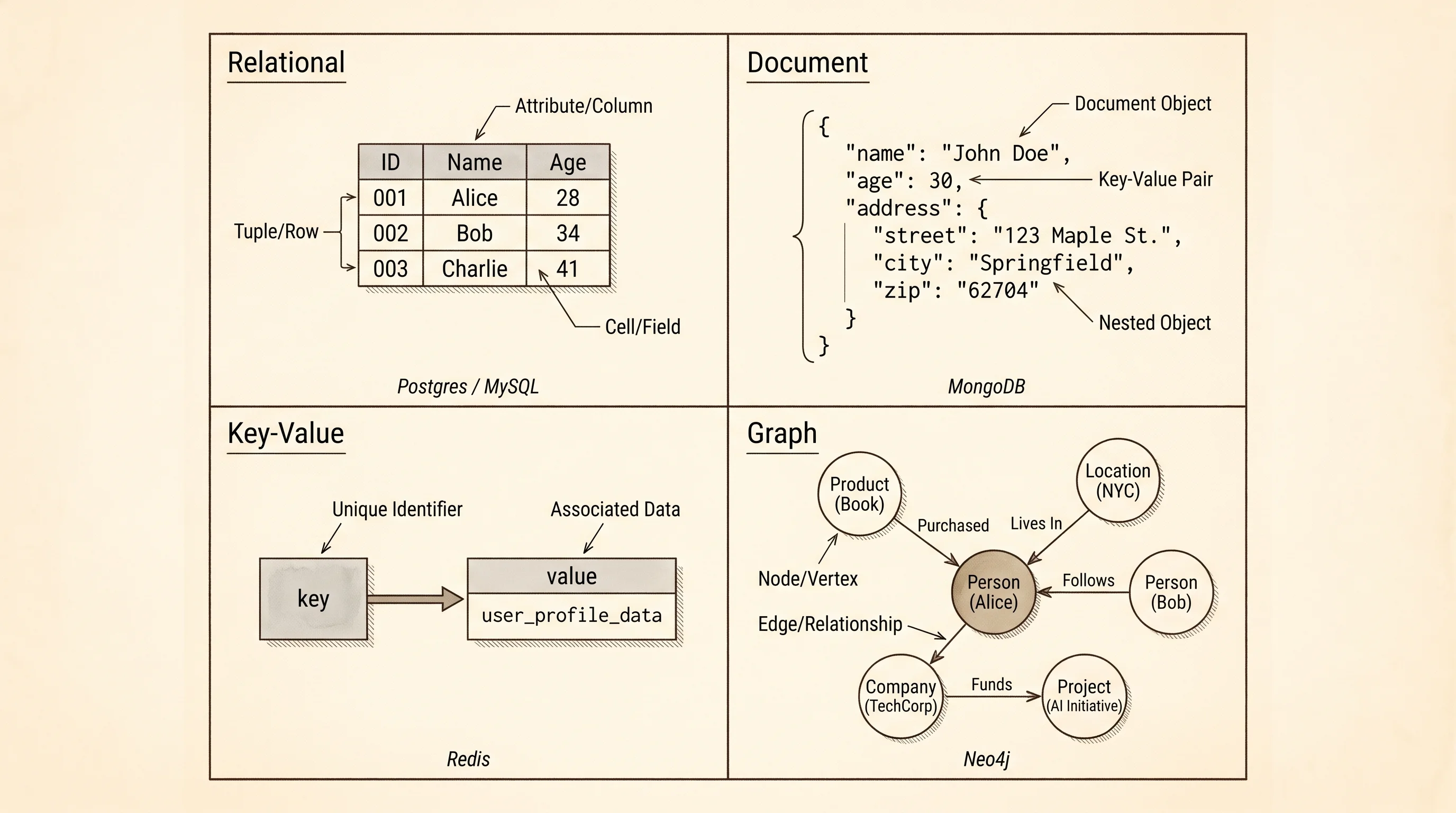 Four database families, each shaped around a different question the data has to answer.
