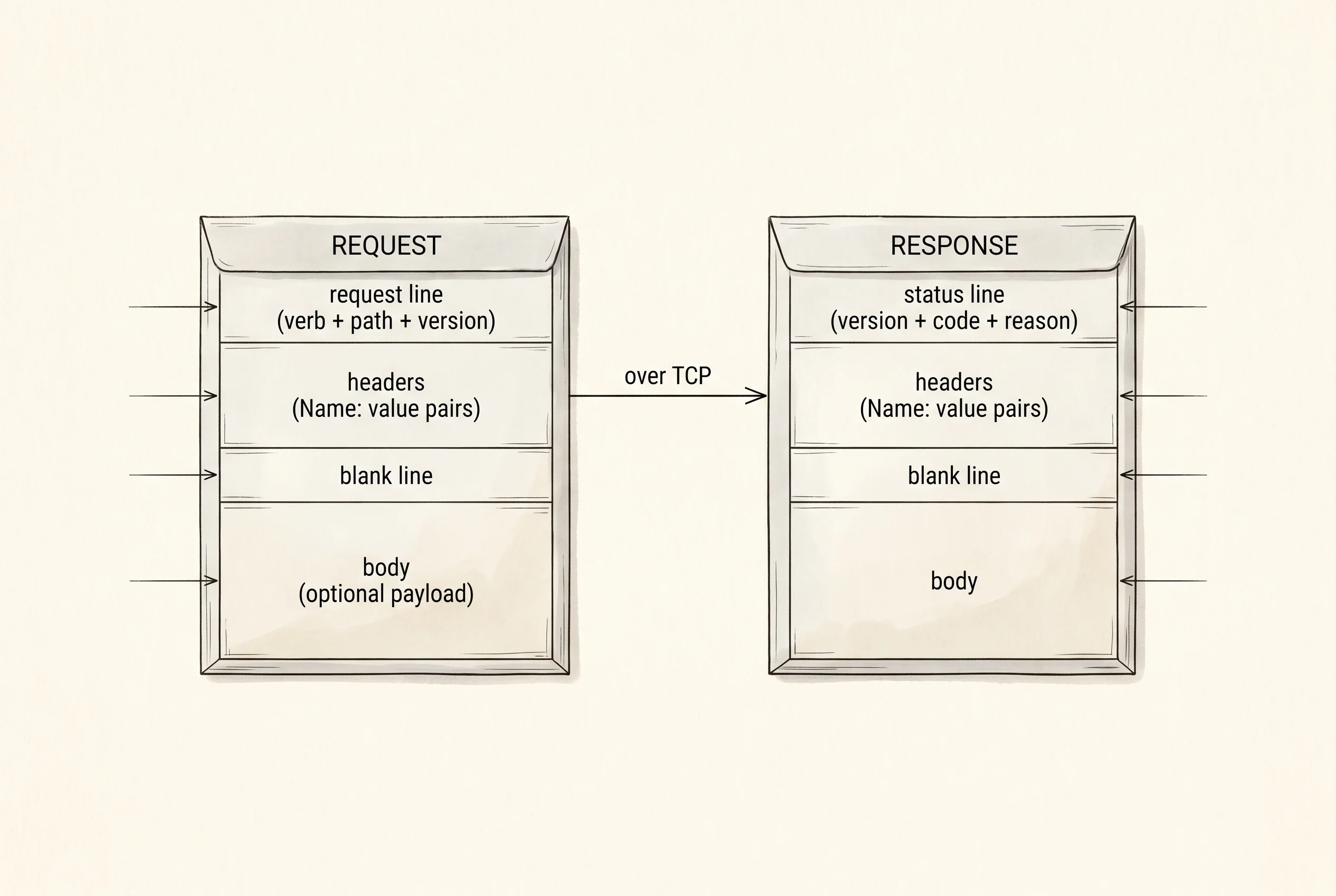The four parts of an HTTP request and an HTTP response, drawn as two parallel envelopes