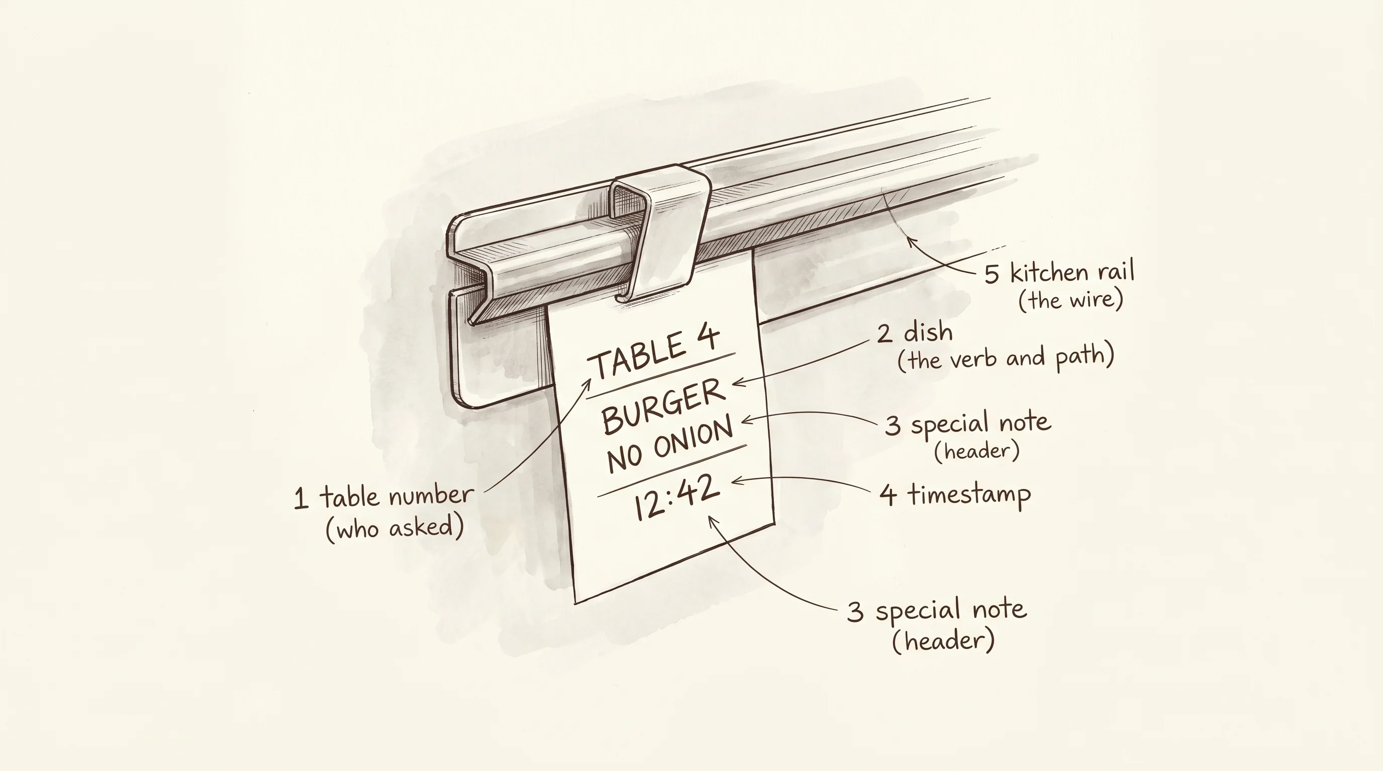 A diner order slip clipped to a kitchen rail, the running analogy for an API request