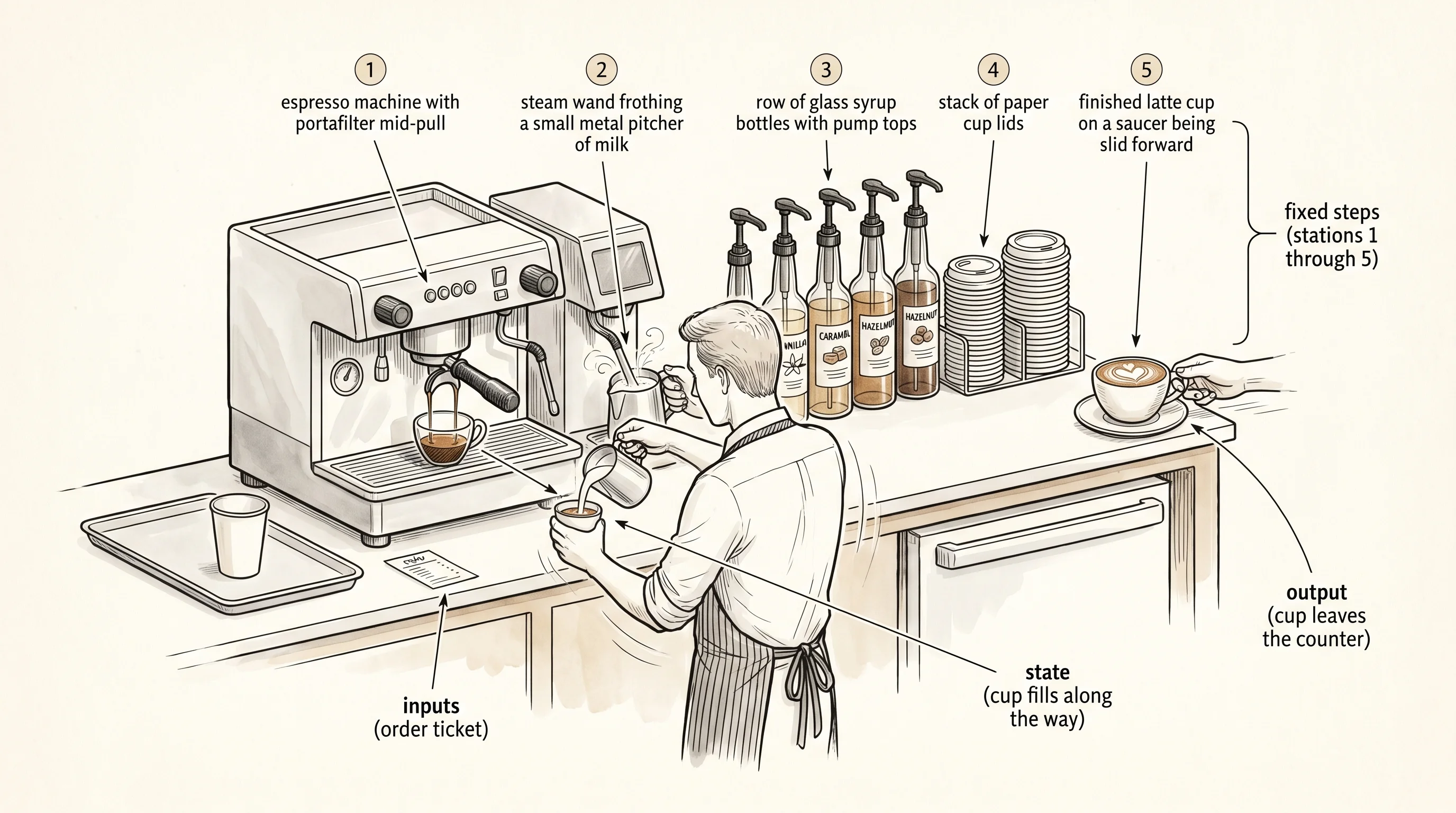 A barista's five fixed moves at the counter — the recipe a program would write down.