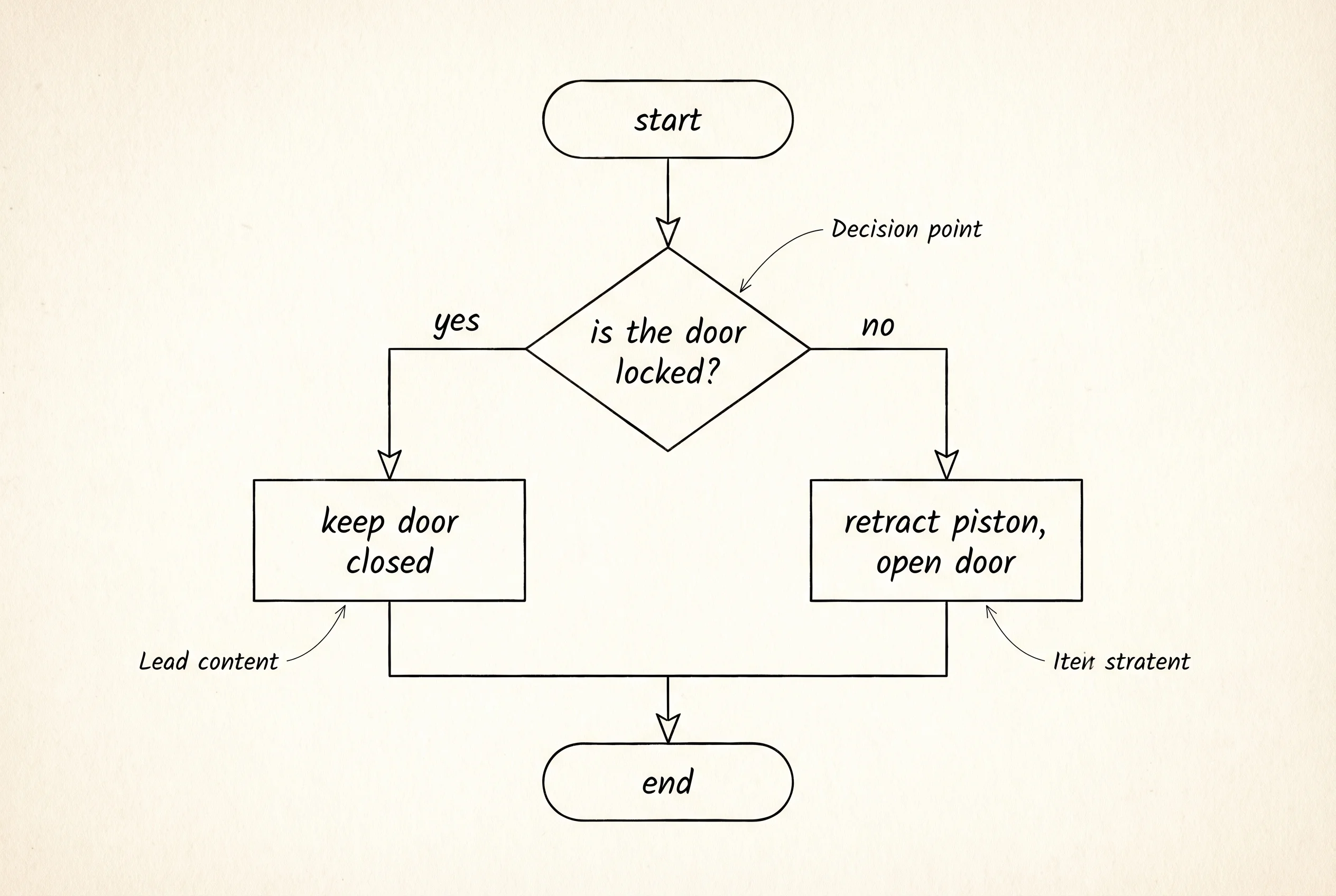 A flowchart for the door: 'is it locked?' branches into yes and no.