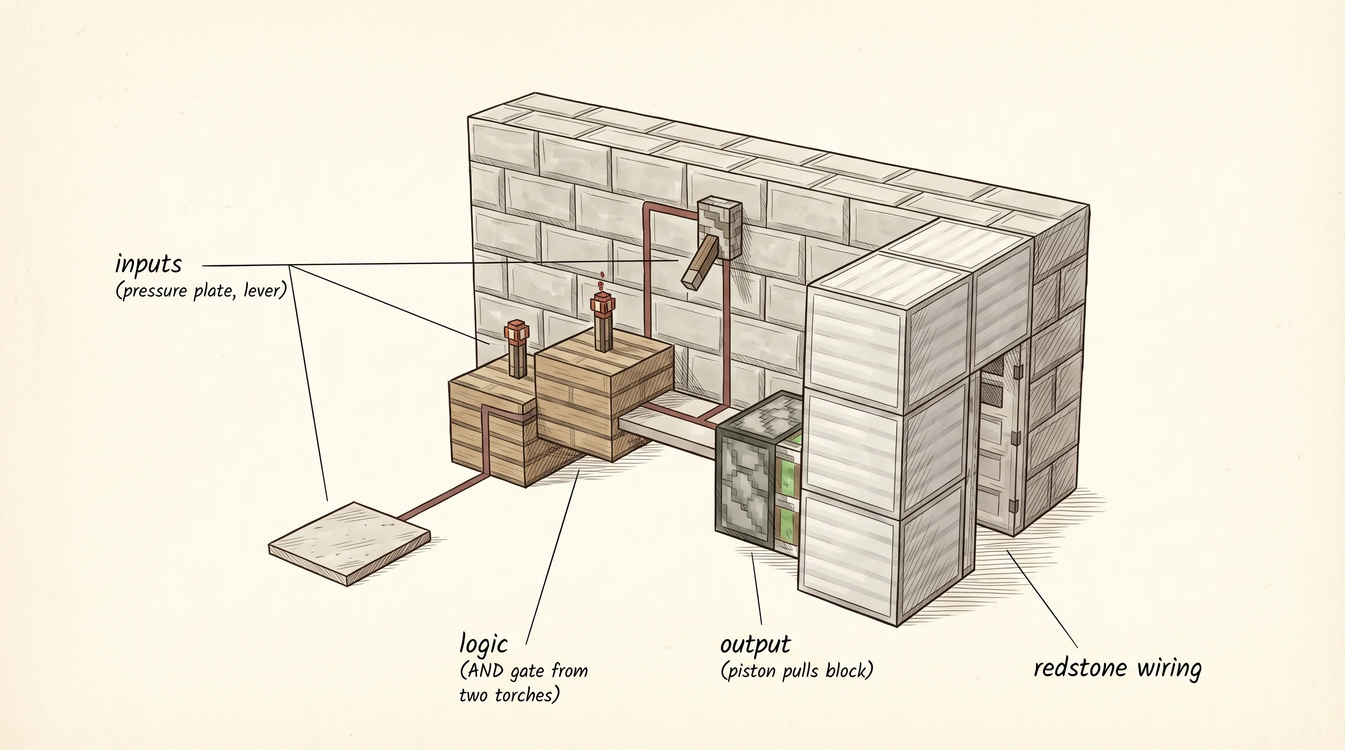 A Minecraft redstone door circuit broken into inputs, logic, and output.