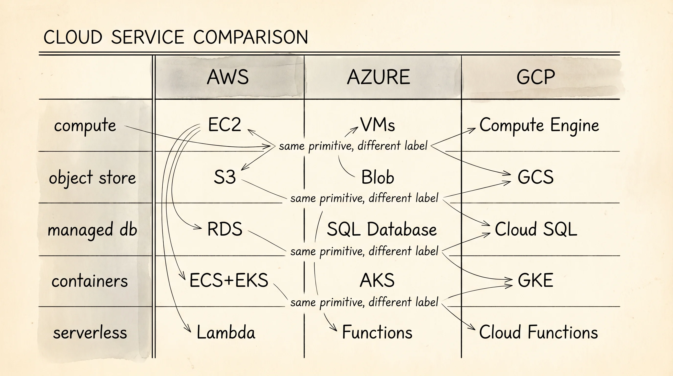 AWS, Azure, and GCP — the three large public clouds — offer roughly the same primitives under different names.