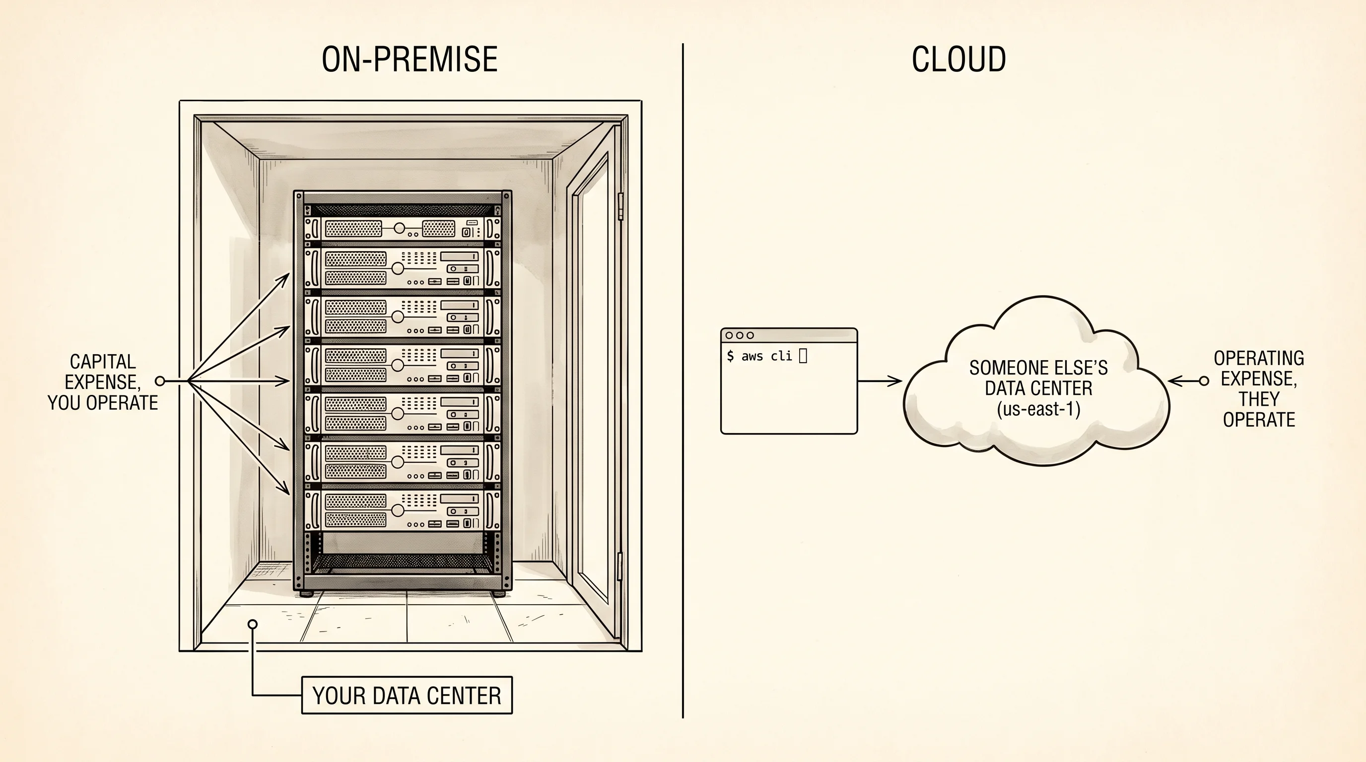 On-premise vs cloud: own the server rack vs rent compute from someone else's data center.