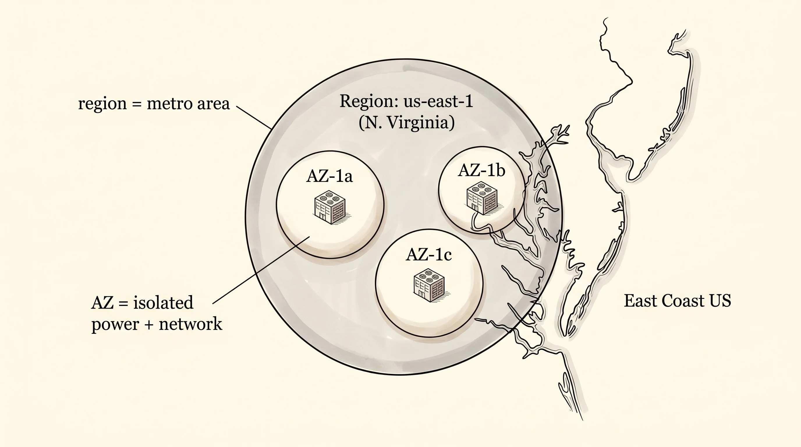 A region is a city; an availability zone is one independent data center inside it.
