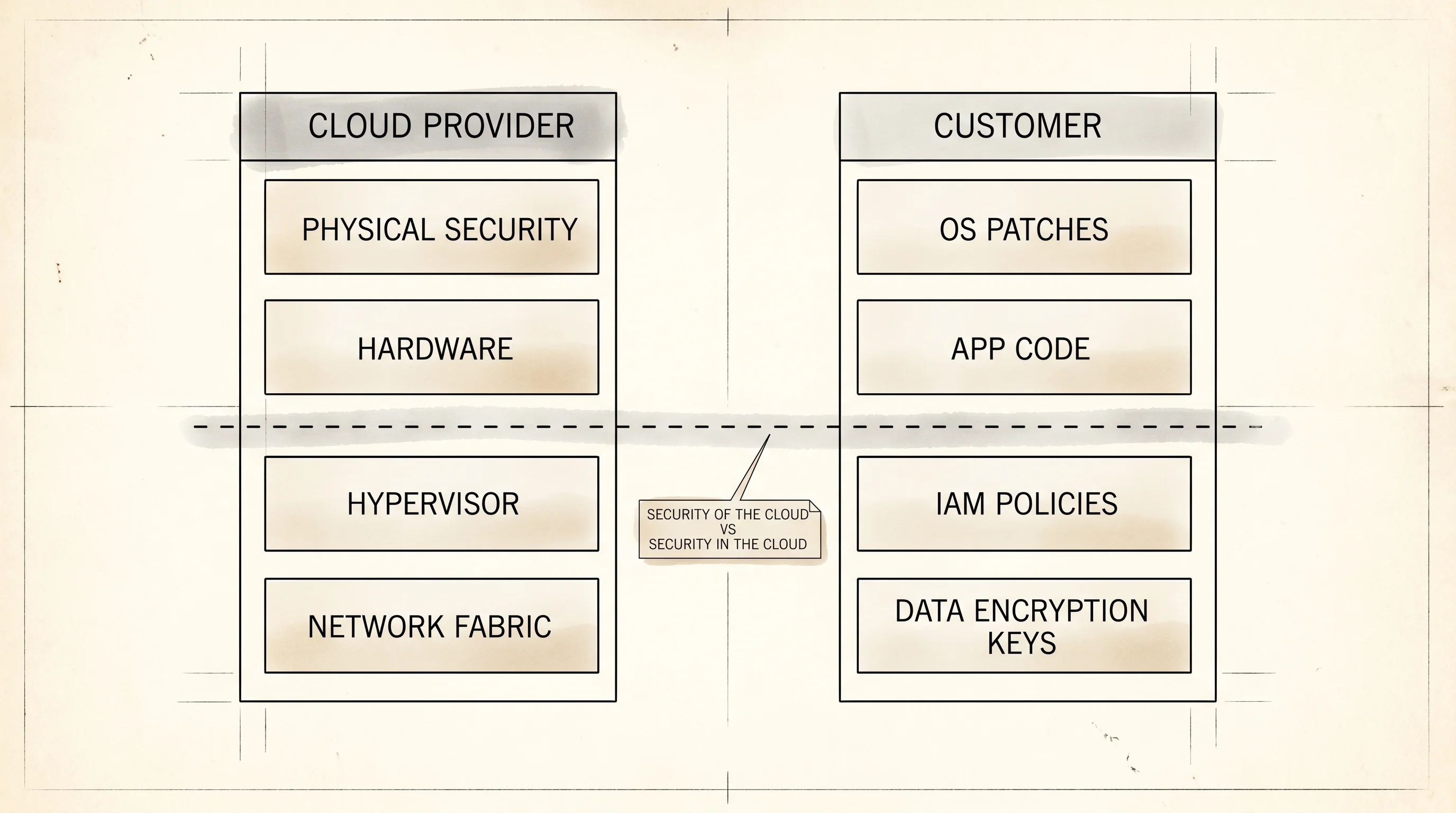 The cloud's shared responsibility model: the provider secures the data center, you secure what runs on it.