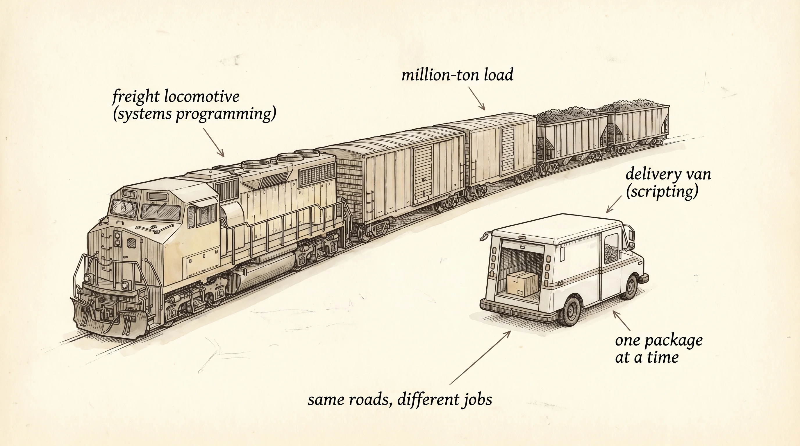 A freight train and a delivery van — same job category, very different loads.