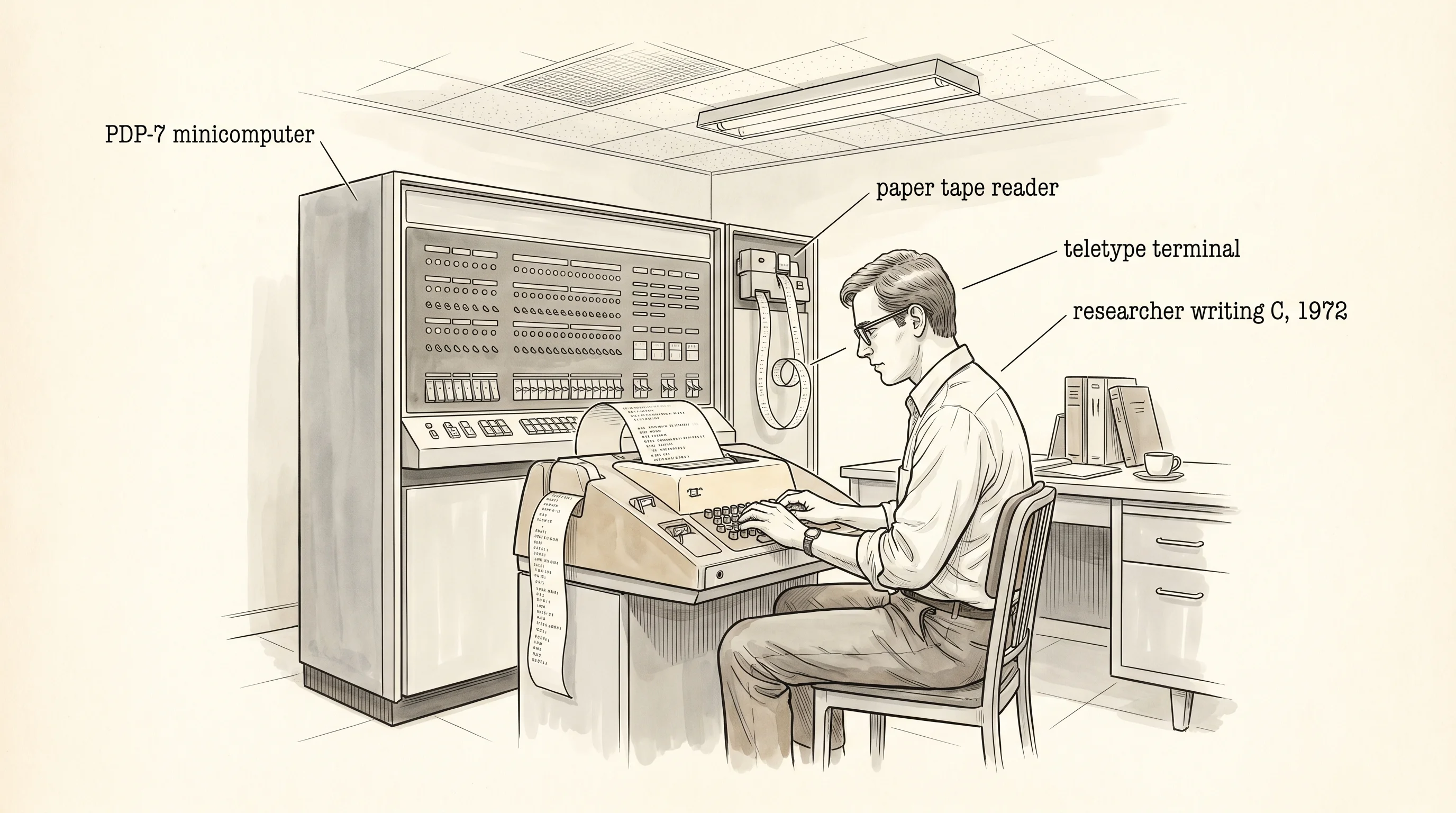 A Bell Labs researcher at a PDP-7 in 1972, the year C was written.