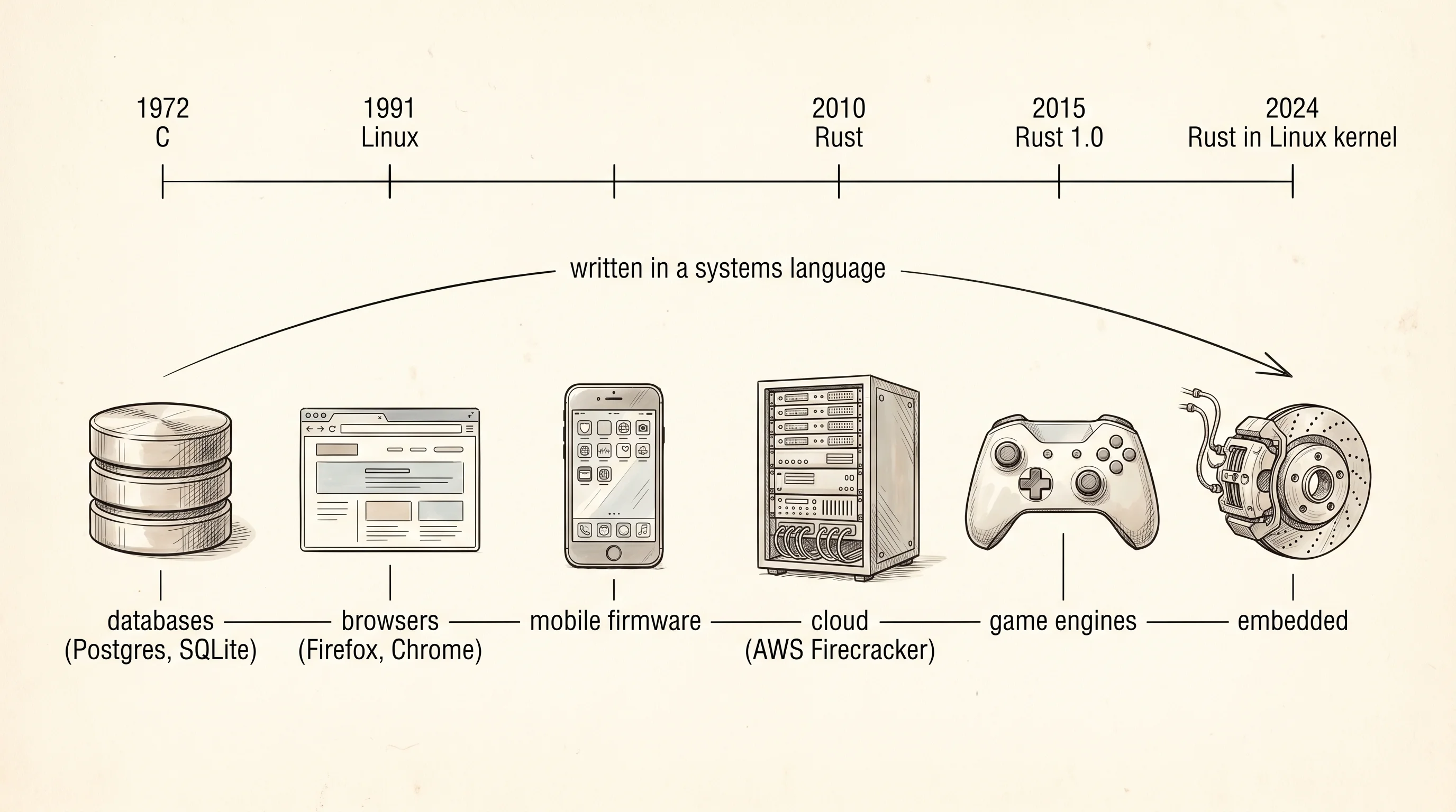 Where systems languages live in 2026 — the operating systems, browsers, and infrastructure they run.