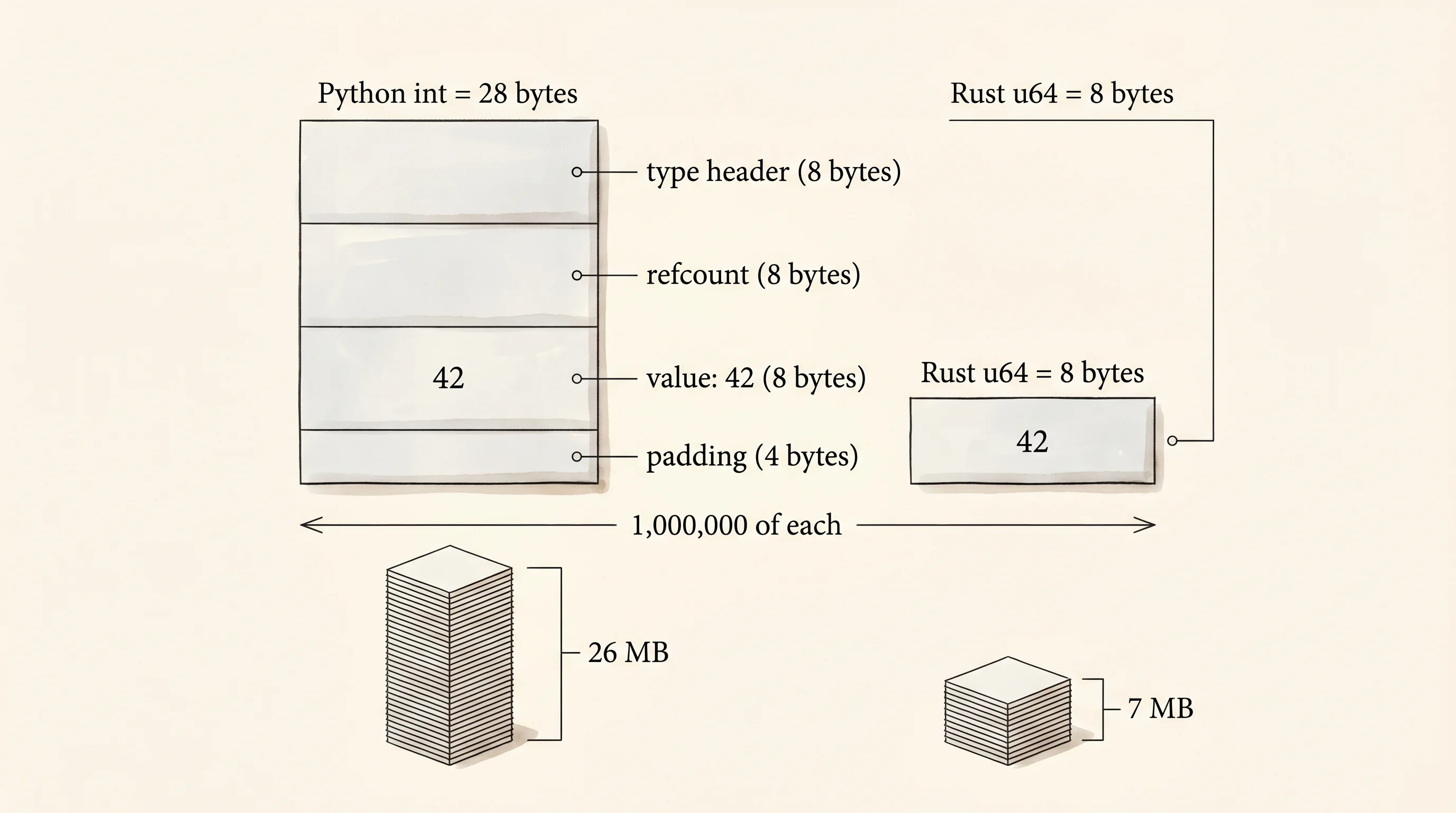 A Python int unwrapped: type header, refcount, value. A Rust u64 is just 8 bytes.