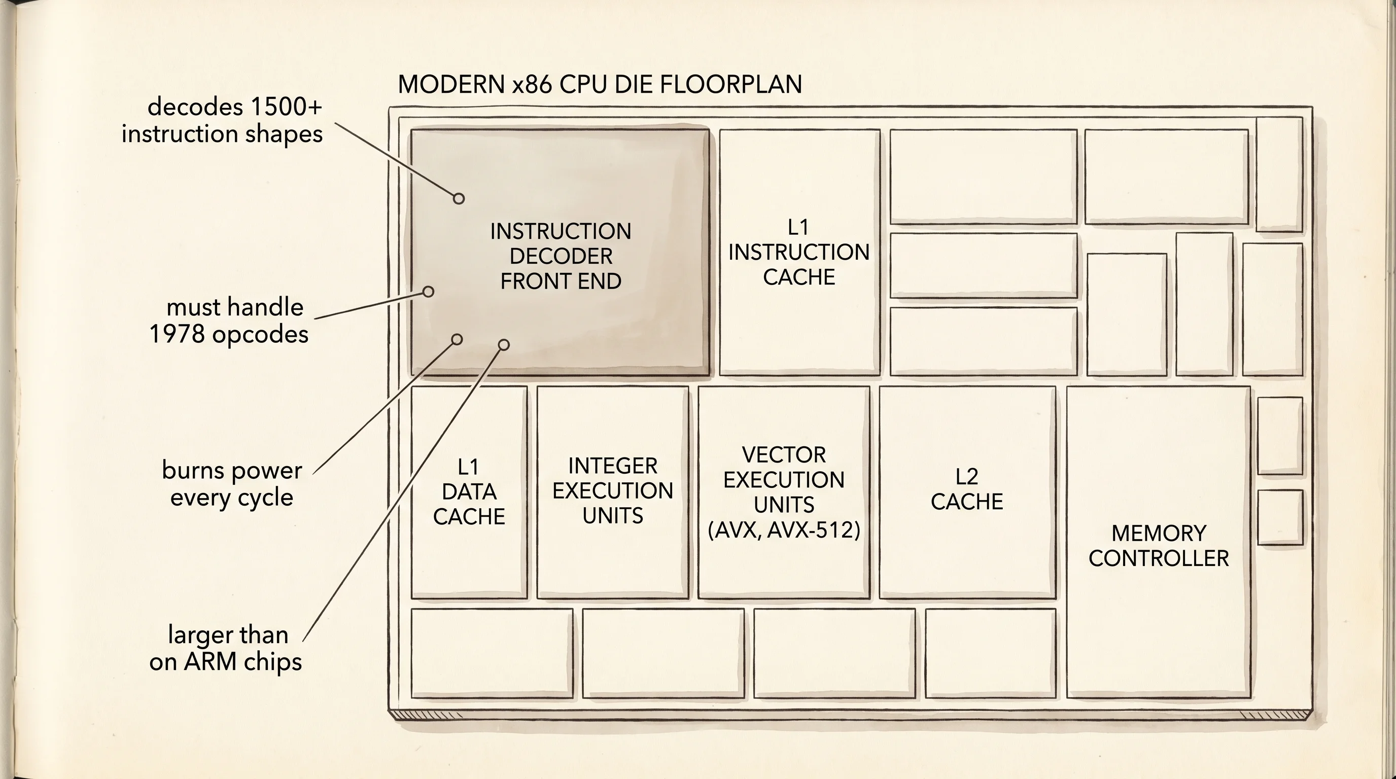 The decoder section of a modern x86 chip, the part responsible for understanding every old and new instruction.